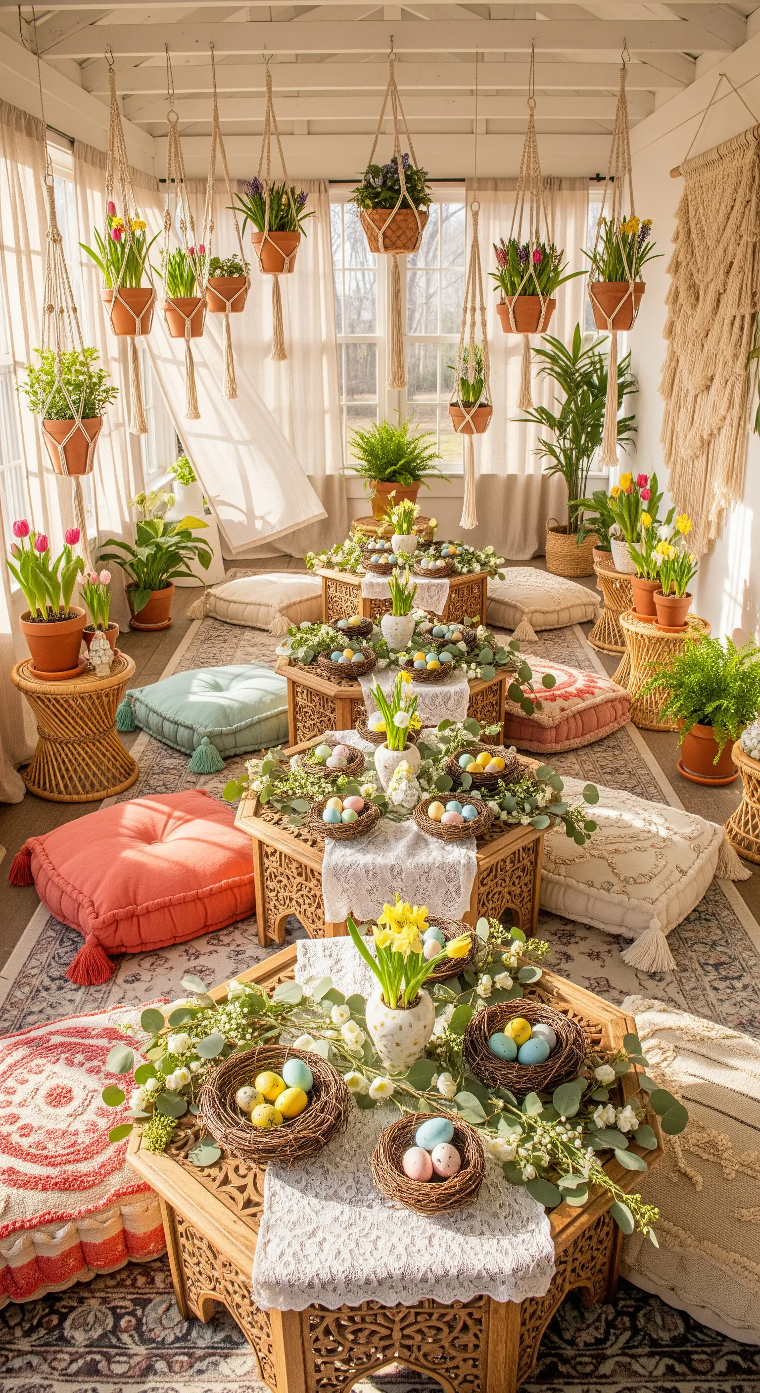 Boho-Osterlounge mit niedrigen Tischen, Bodenkissen, hängenden Pflanzen und Eiern in Nestern.