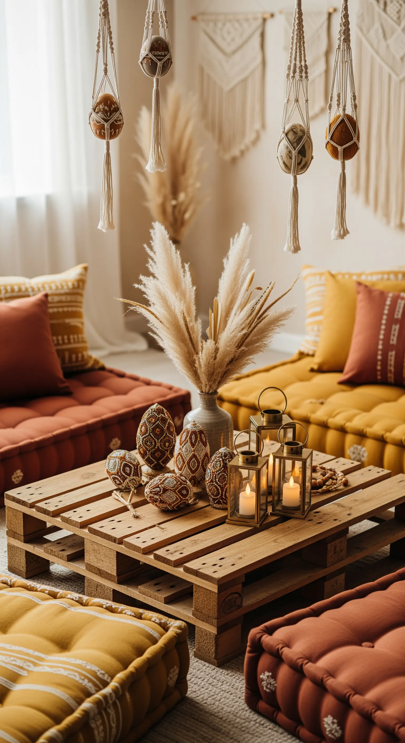 Boho-Wohnzimmer mit Palettentisch, Pampasgras und Makramee-Osterdeko