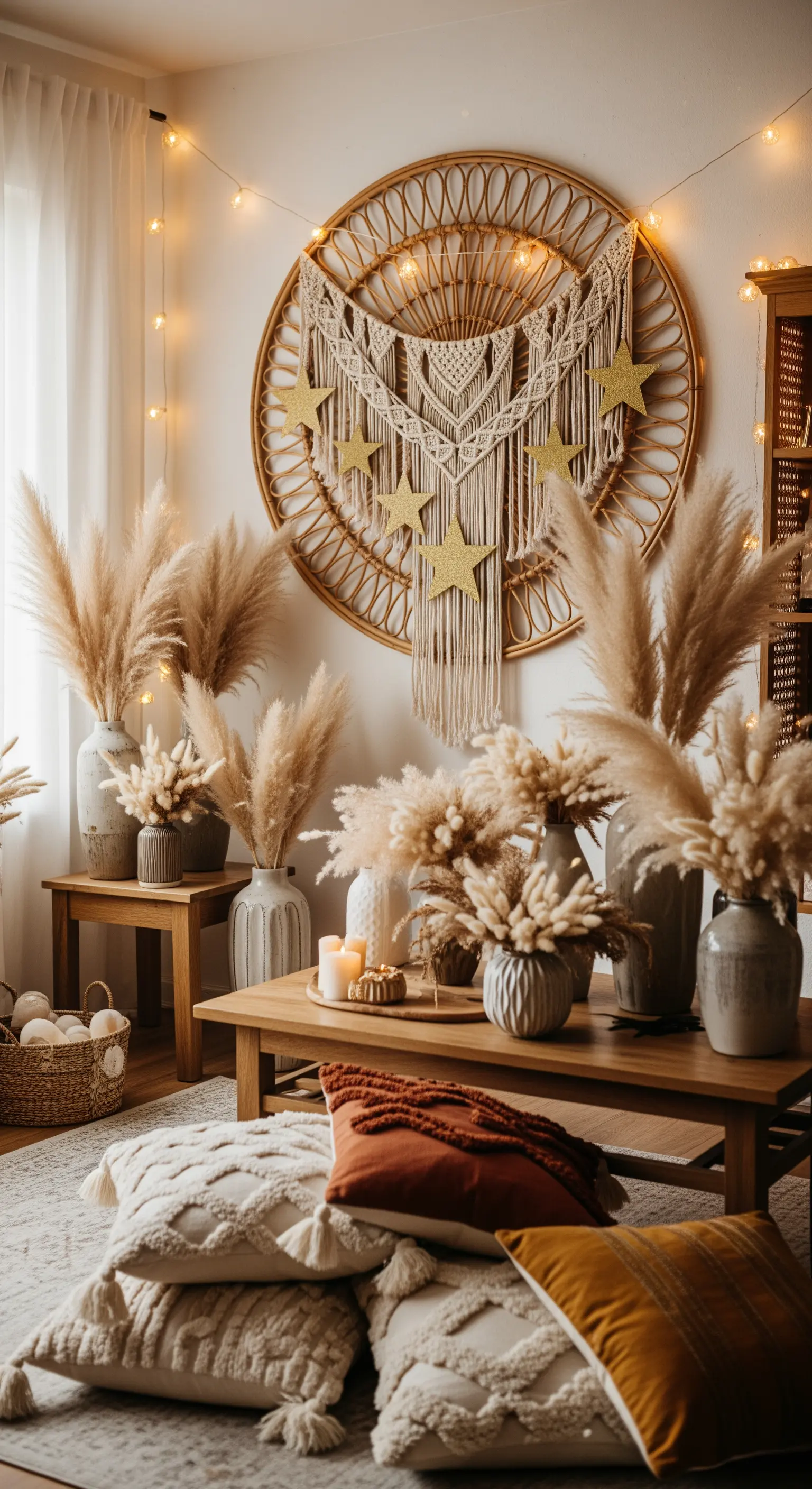 Boho-Wohnzimmer mit Pampasgras, Makramee-Wandbehang mit Sternen und Lichterketten