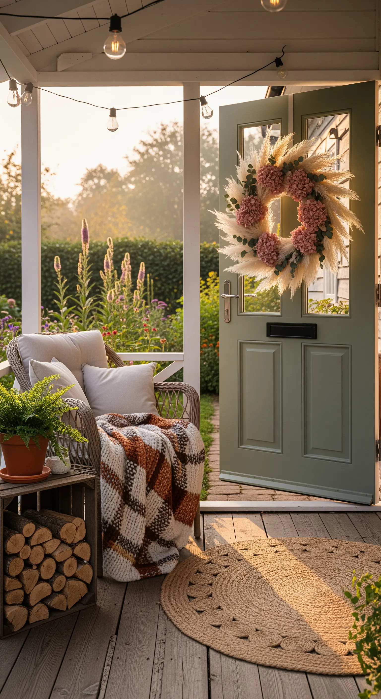 Mintgrüne Tür mit Pampasgras-Kranz auf einer gemütlichen Veranda