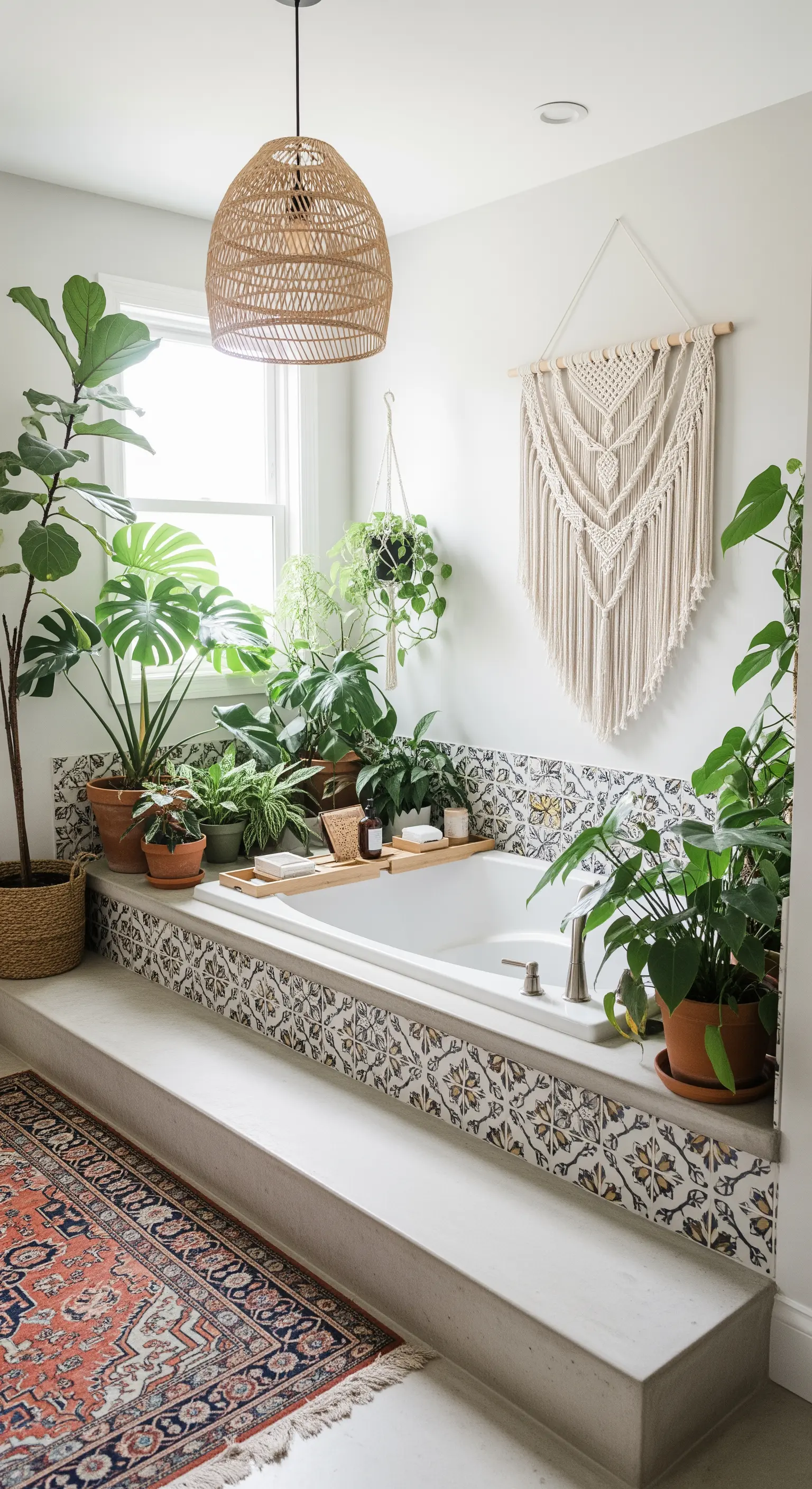 Badewannen-Podest mit bunten Zementfliesen, umgeben von vielen Pflanzen im Boho-Stil
