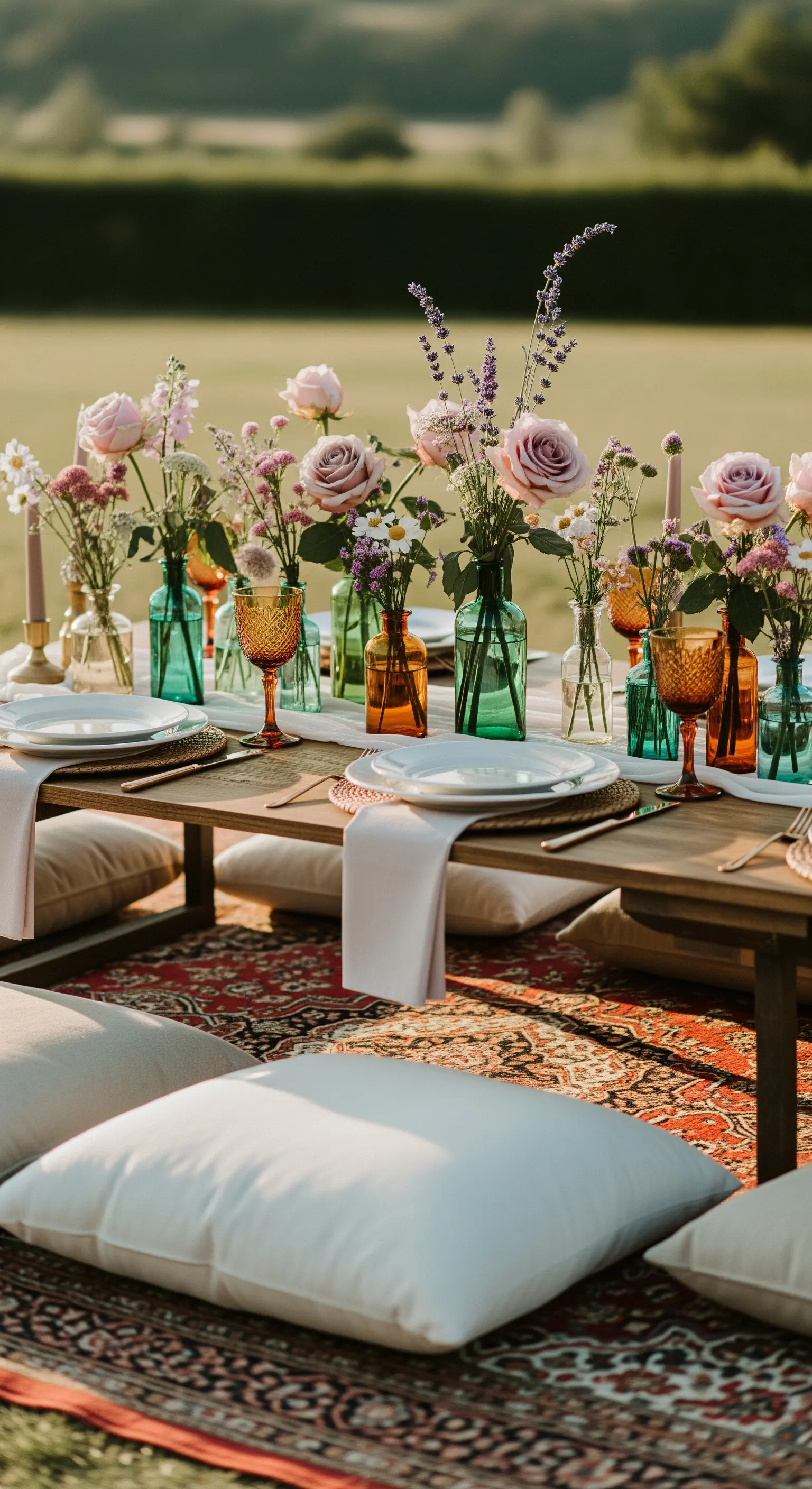 Boho-Tischdeko mit bunten Glasvasen, Kissen und Teppich im Garten.