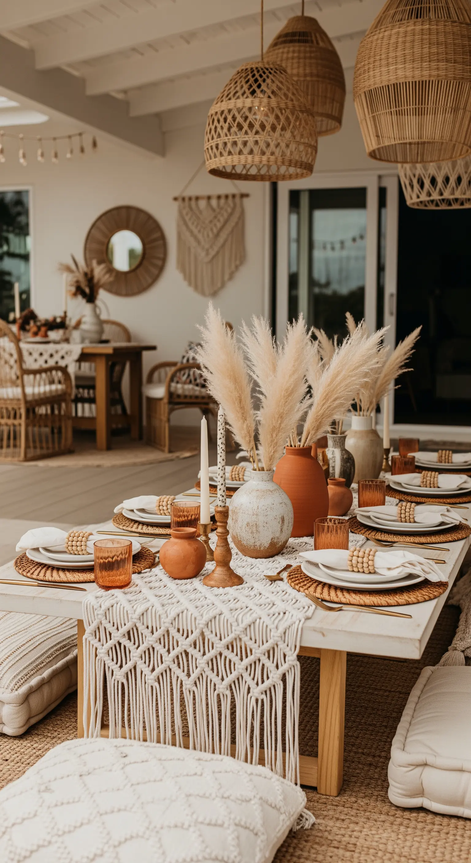 Boho-Tischdeko mit Makramee-Läufer, Pampasgras in Terrakotta-Vasen und Bodenkissen.