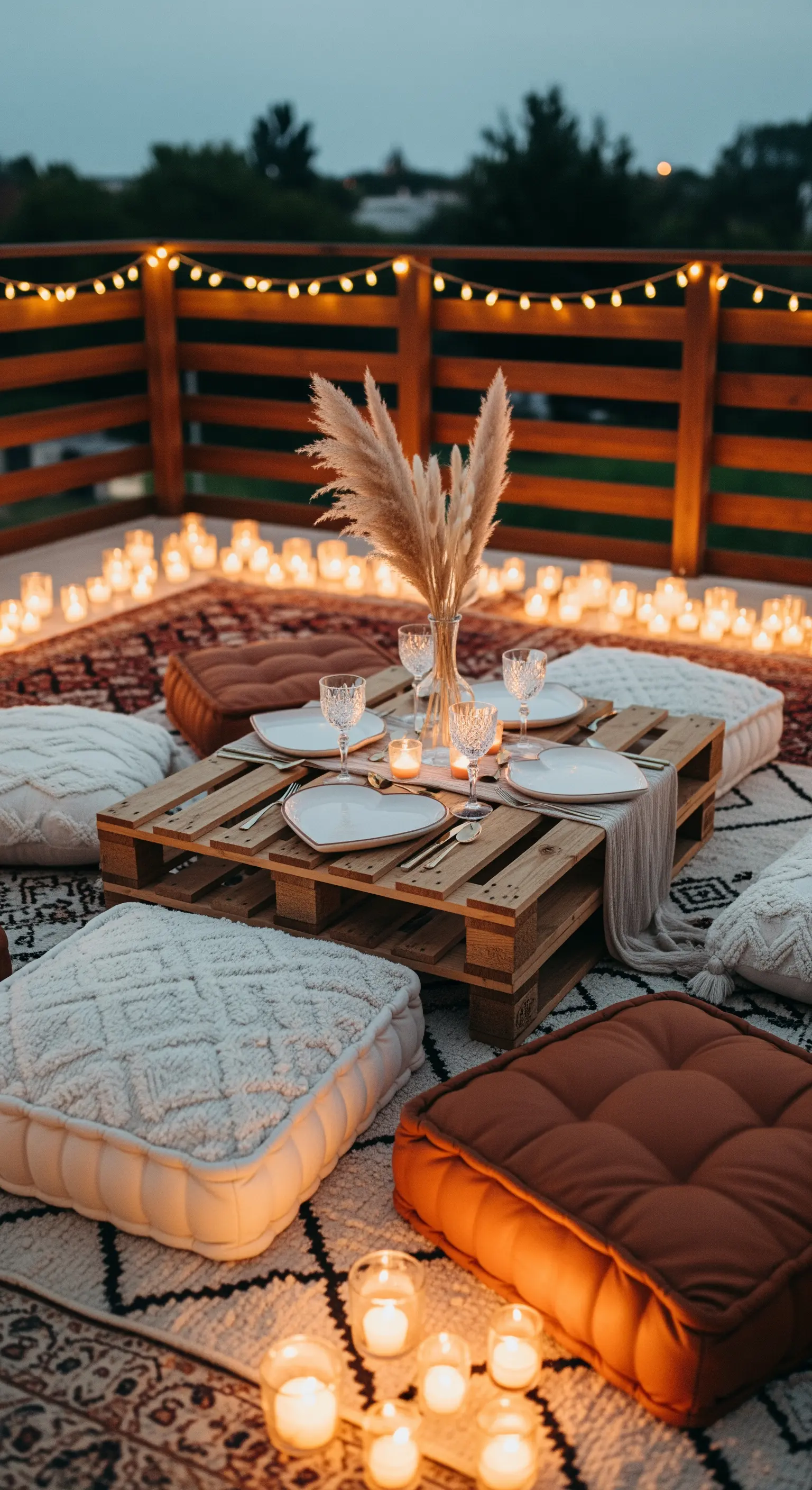 Gemütliche Boho-Balkon-Deko mit Palettentisch, Kissen und zahlreichen Kerzenlichtern.