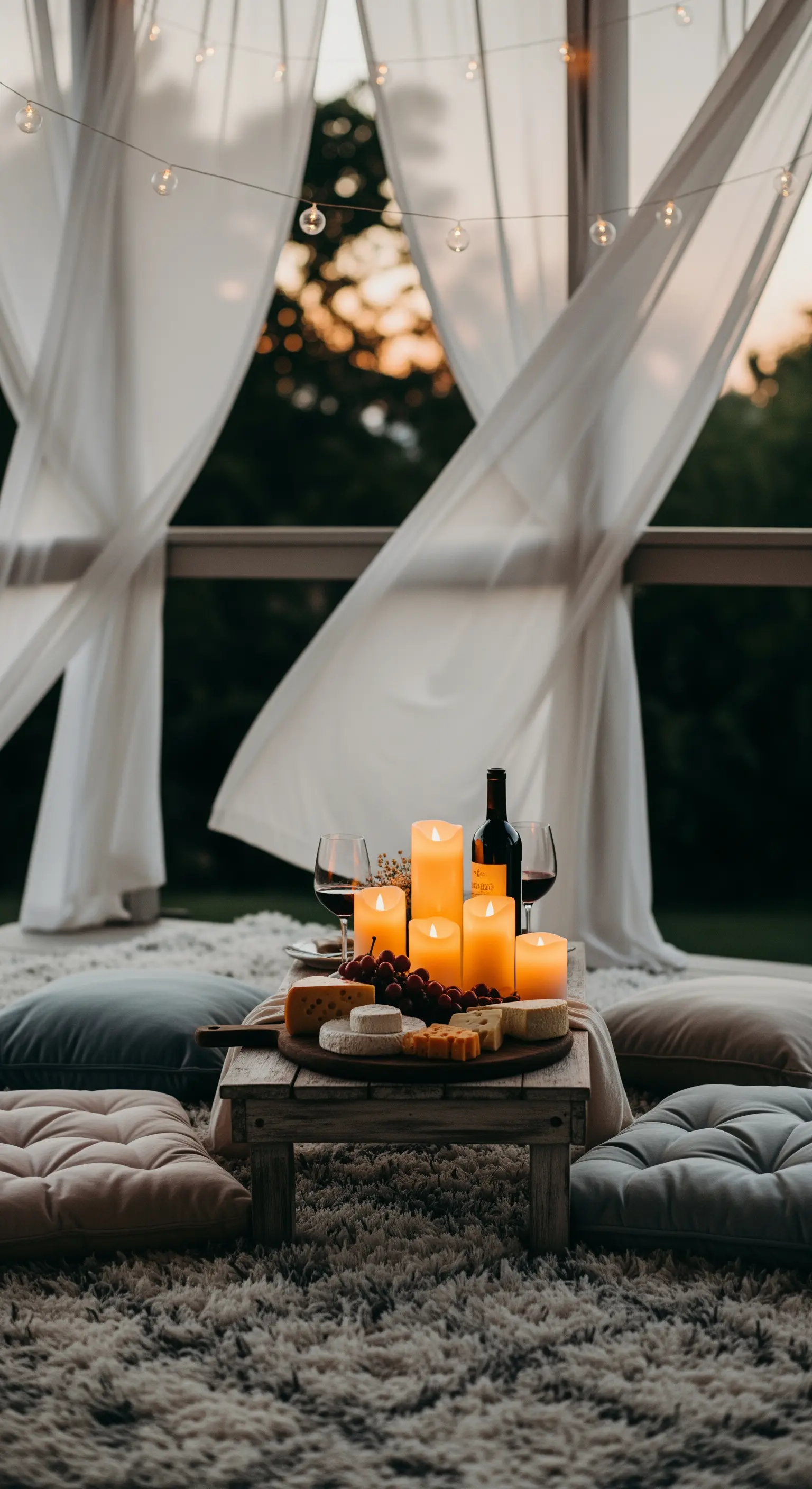 Boho-Picknick mit Bodenkissen, Vorhängen, Kerzen, Wein und Käse