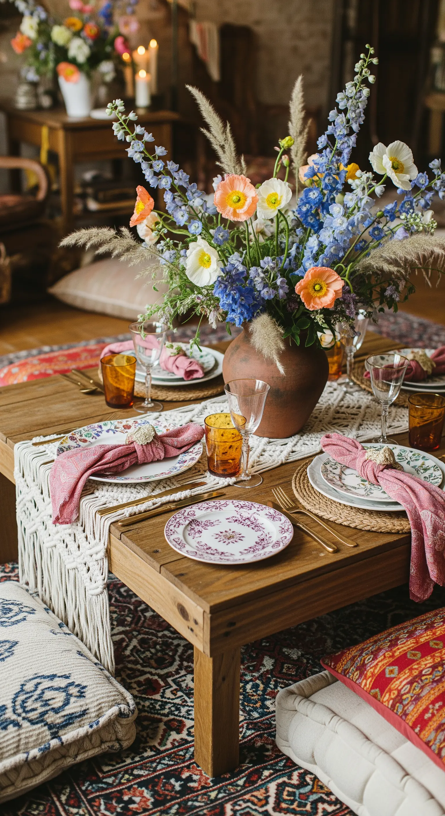 Lässige Boho-Tischdeko mit wildem Blumenstrauß in einer Tonvase auf einem Holztisch