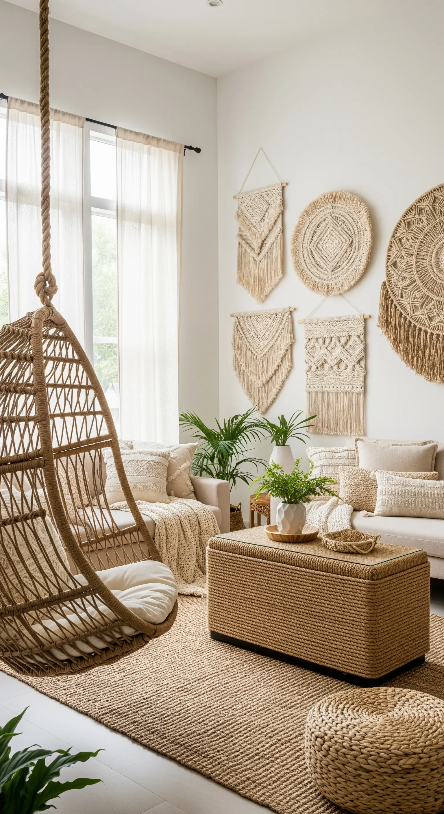 Boho Wohnzimmer, Korbschaukelstuhl, Makramee, Jute Teppich, Pflanzen