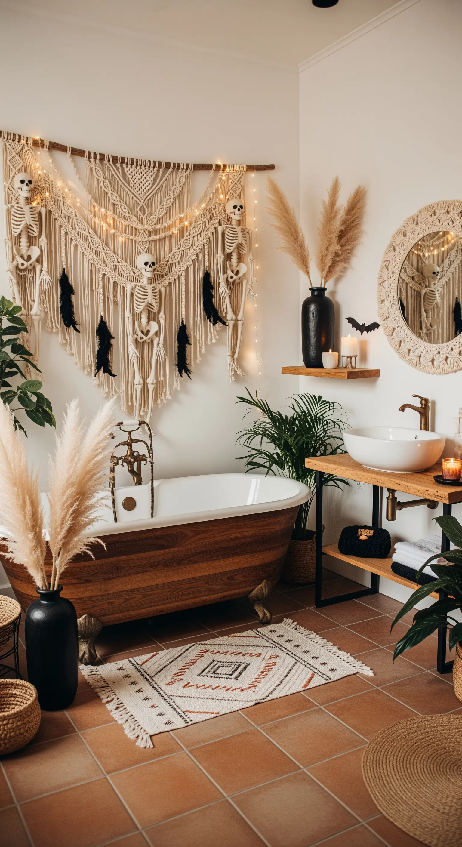 Boho-Badezimmer mit Makramee, Skeletten, Pampasgras und Lichterketten