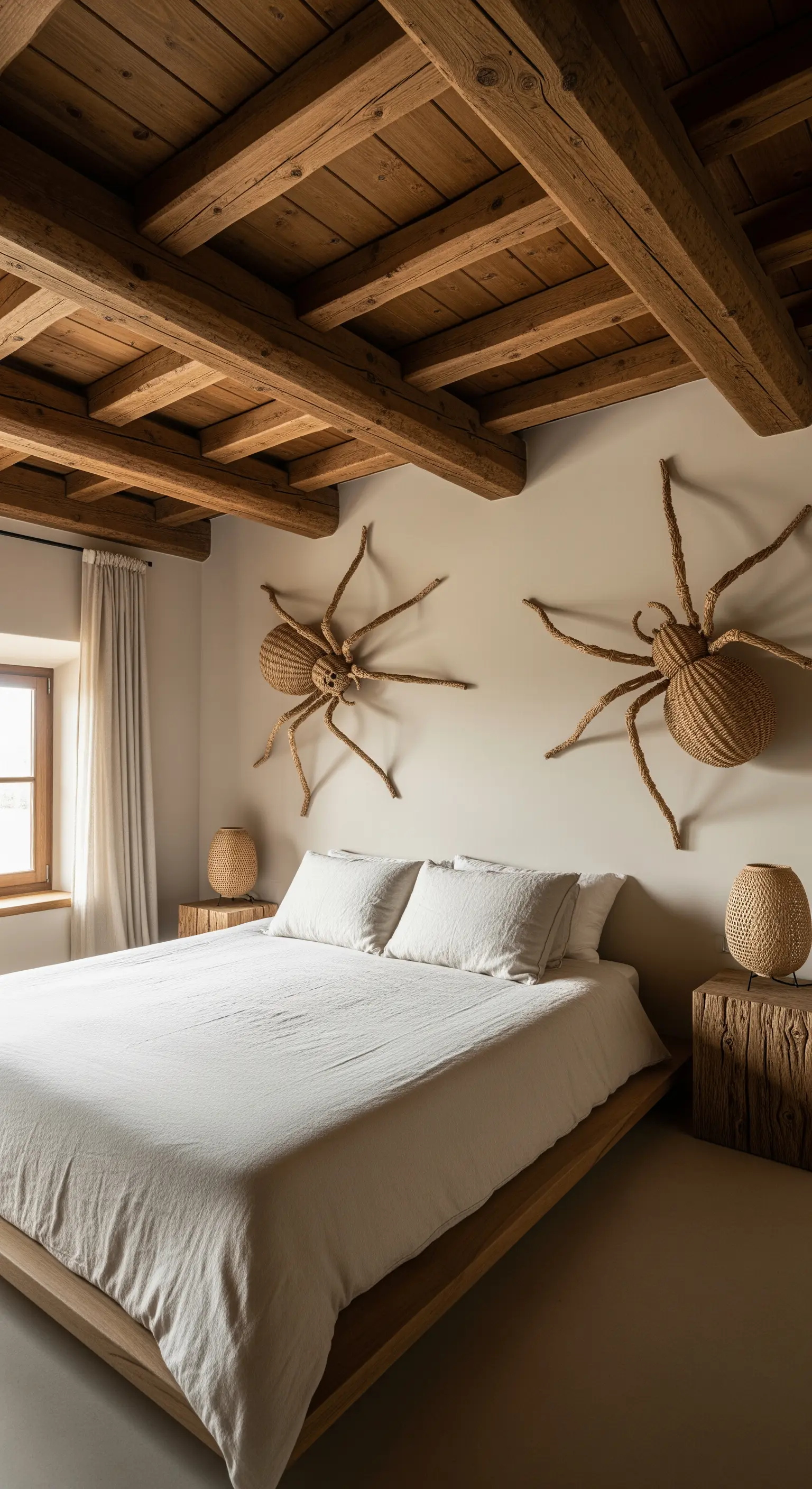 Schlafzimmer mit großen Rattan-Spinnen an der Wand und schlichtem Holzbett