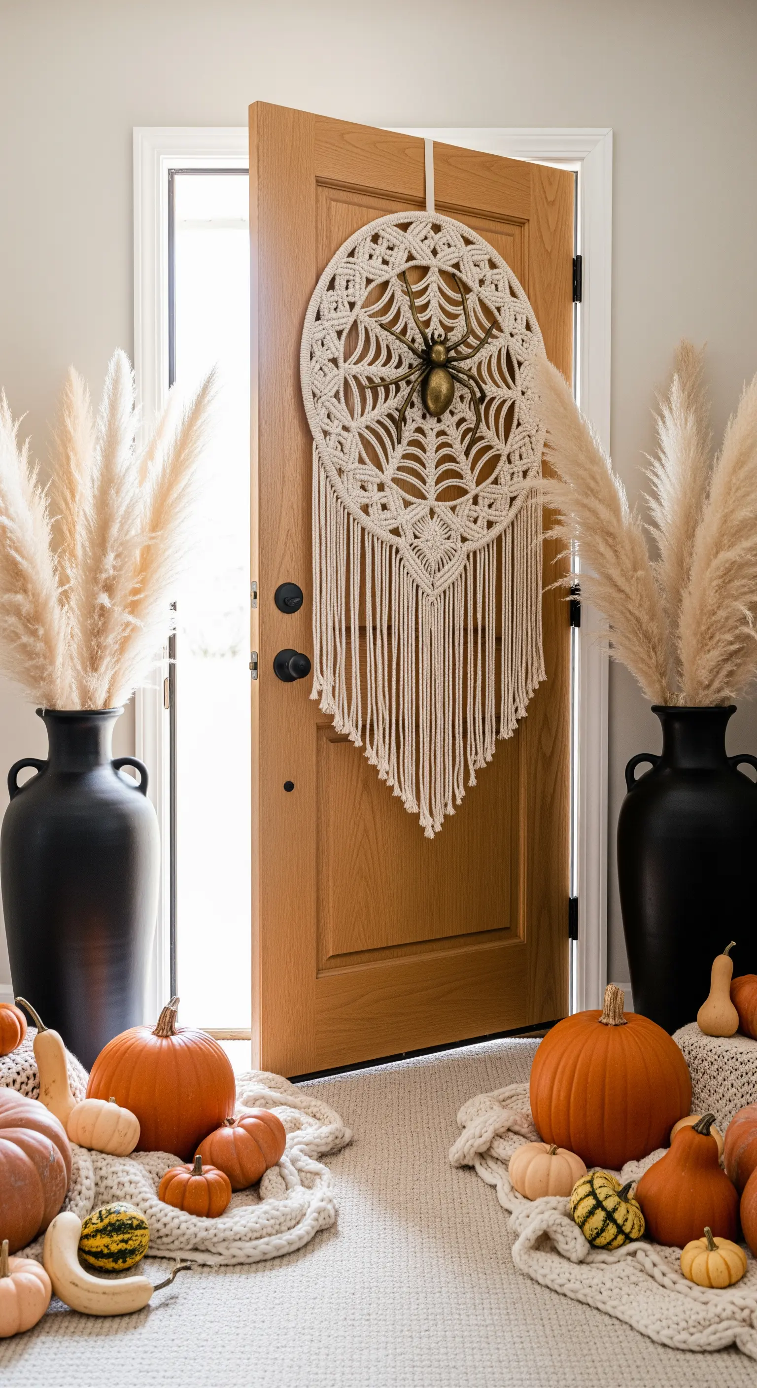 Holztür mit Makramee-Spinnennetz, goldener Spinne, Pampasgras und herbstlichen Kürbissen.