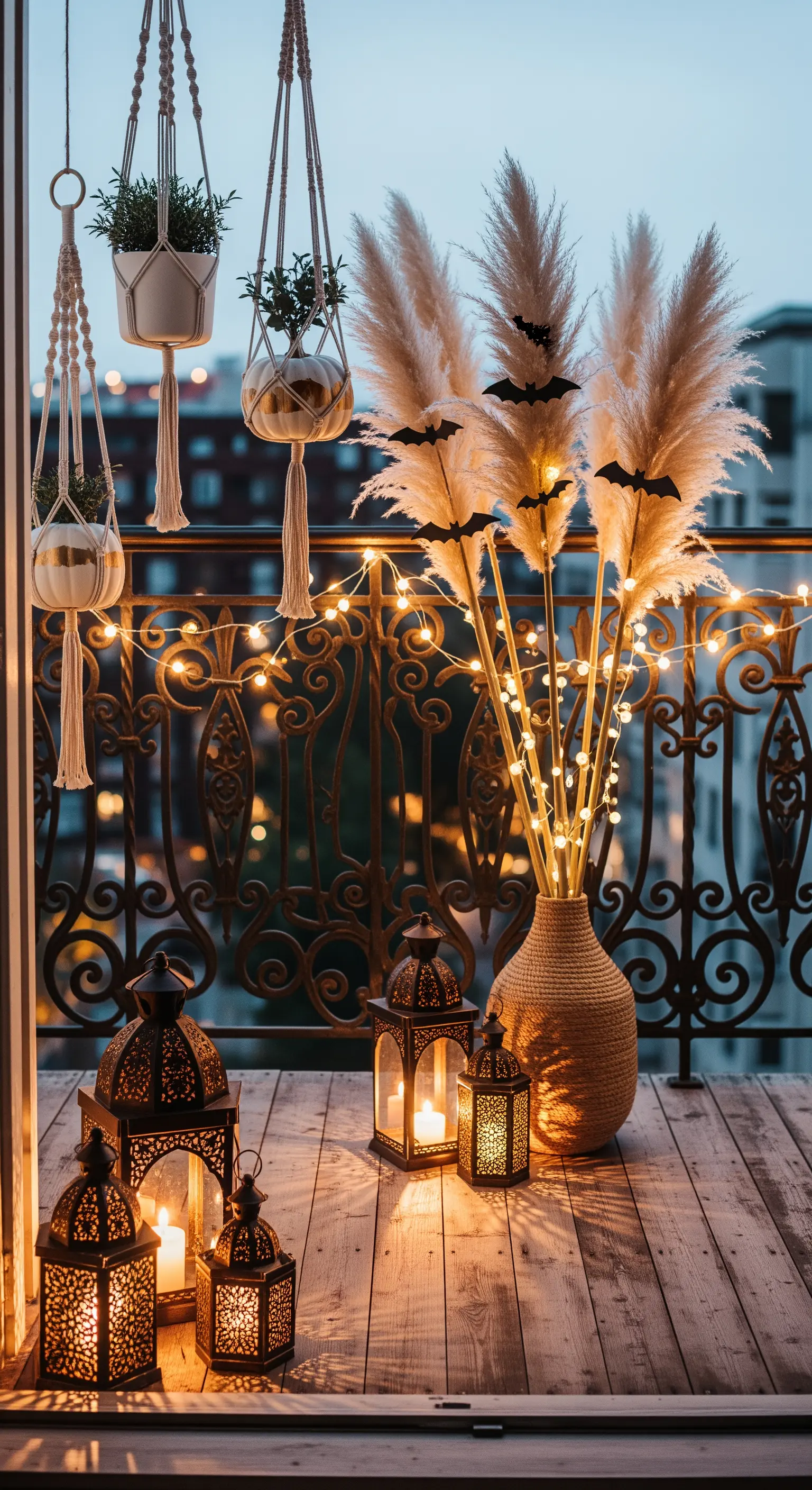 Boho-inspirierte Halloween-Deko auf dem Balkon mit beleuchtetem Pampasgras, Fledermäusen und Laternen.