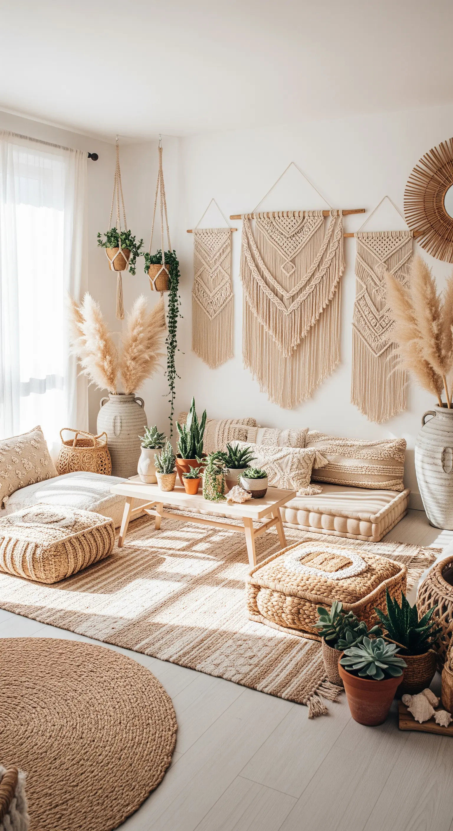 Boho Wohnzimmer, Makramee, Pampasgras, Jute Teppiche, Bodensitzkissen, Pflanzen