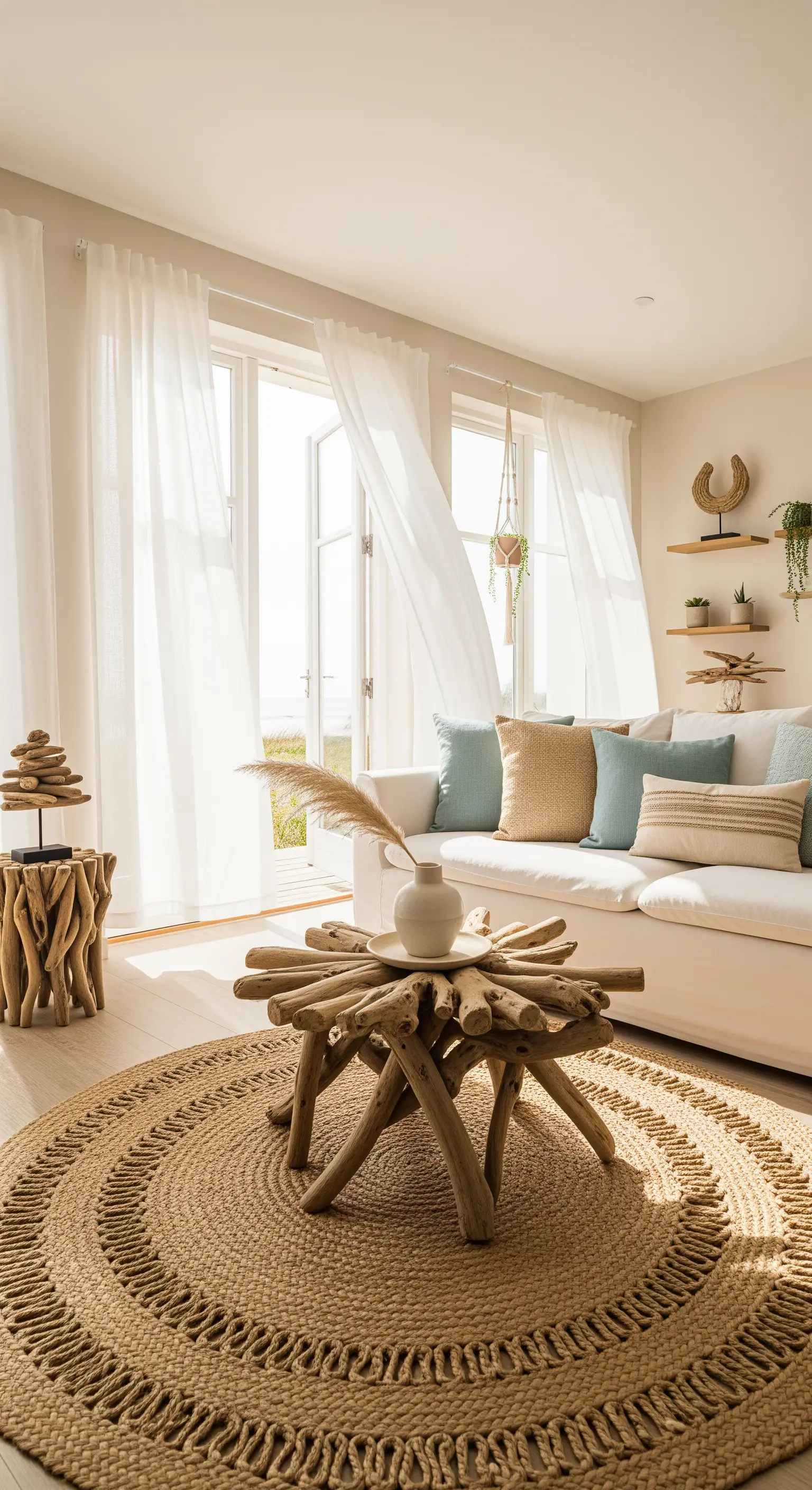 Treibholz-Couchtisch, runder Jute-Teppich, helle Kissen