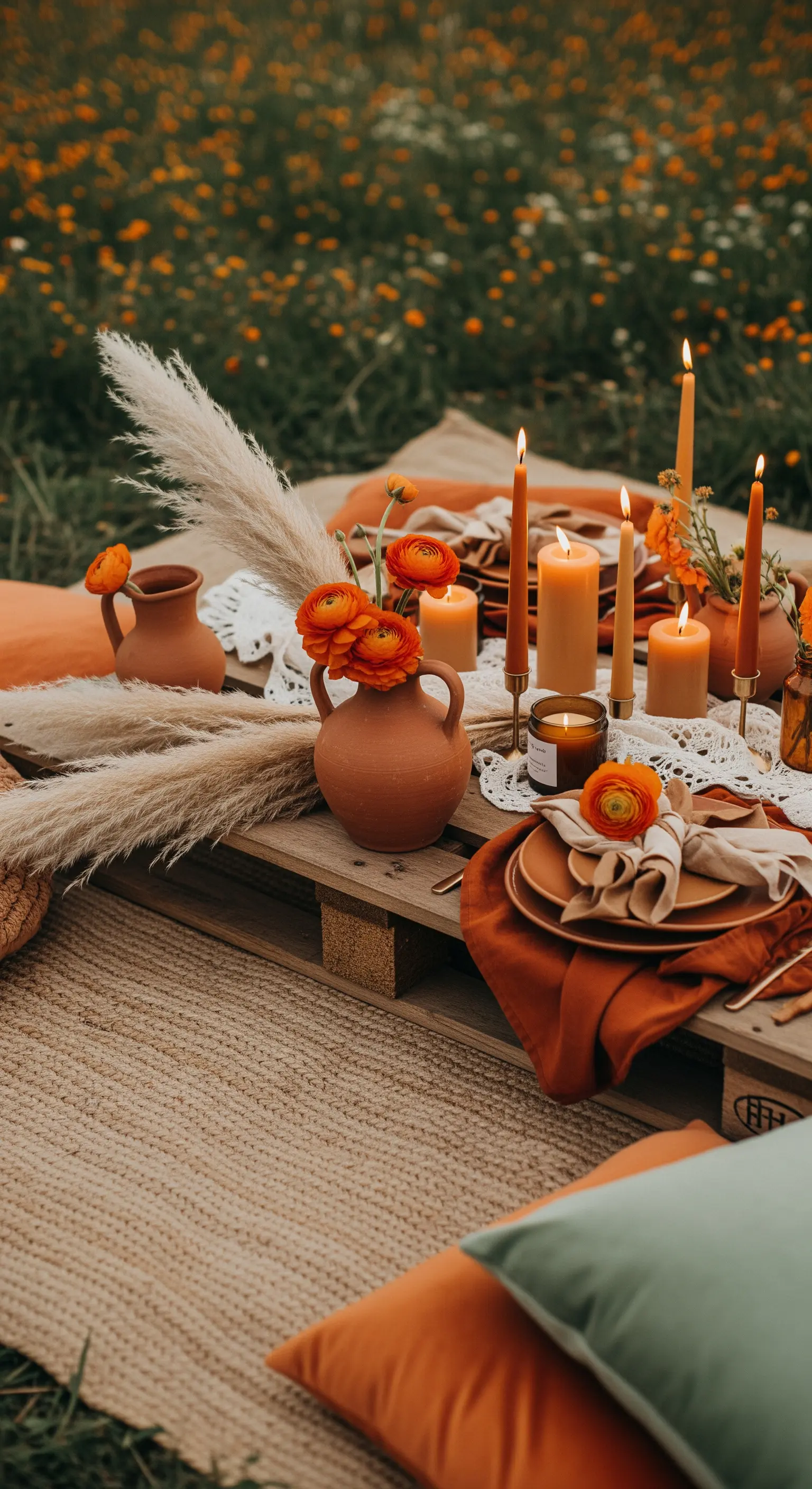 Palettentisch mit Terrakotta-Vasen, Ranunkeln, Pampasgras und orangefarbenen Kerzen.