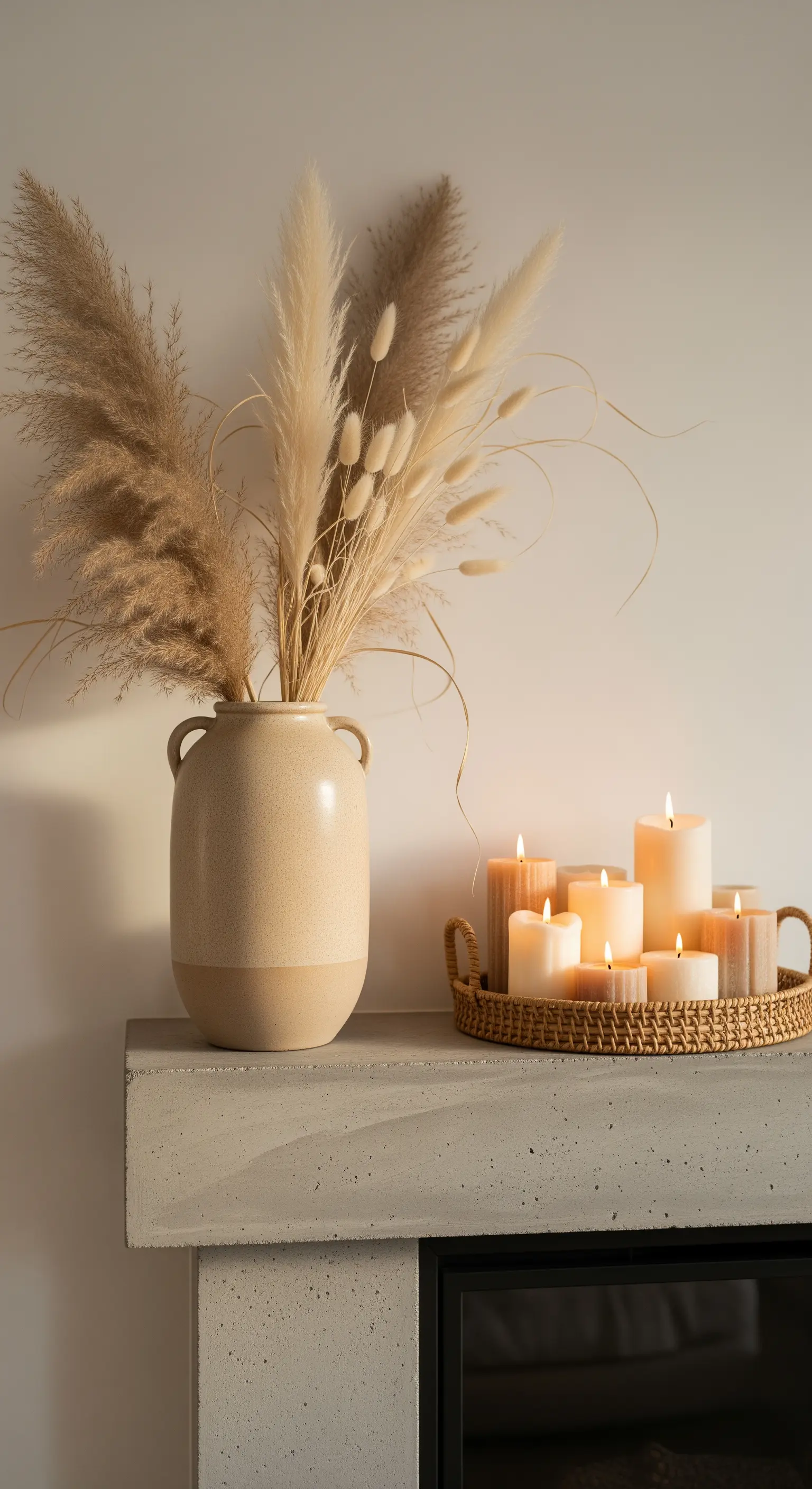 Boho Kaminumrandung mit Pampasgras in beiger Vase und Kerzen auf einem Rattantablett.