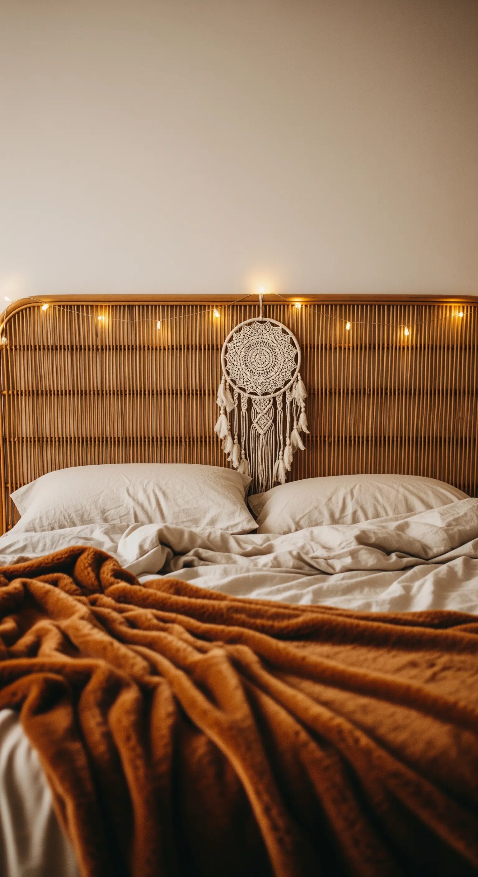 Rattan-Kopfteil mit Lichterkette, Traumfänger und braunem Plaid im Schlafzimmer.
