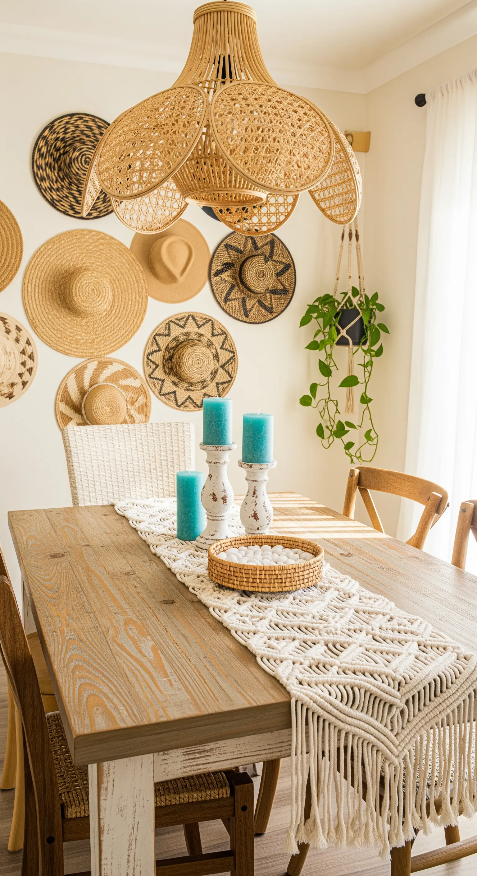 Boho-Esszimmer, Rattan-Blumenleuchte, Hut-Wanddeko, Makramee-Läufer