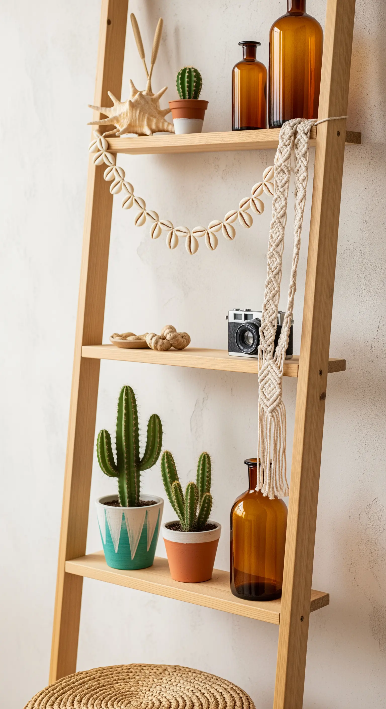 Leiterregal im Boho-Stil mit Kakteen, Muschelgirlande und braunem Glas.