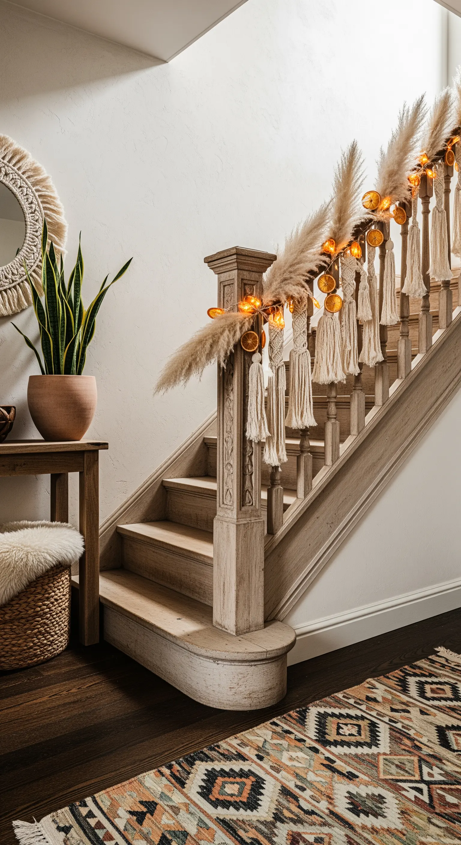Boho-Treppe mit Pampasgras-Girlande, getrockneten Orangen und Makramee.
