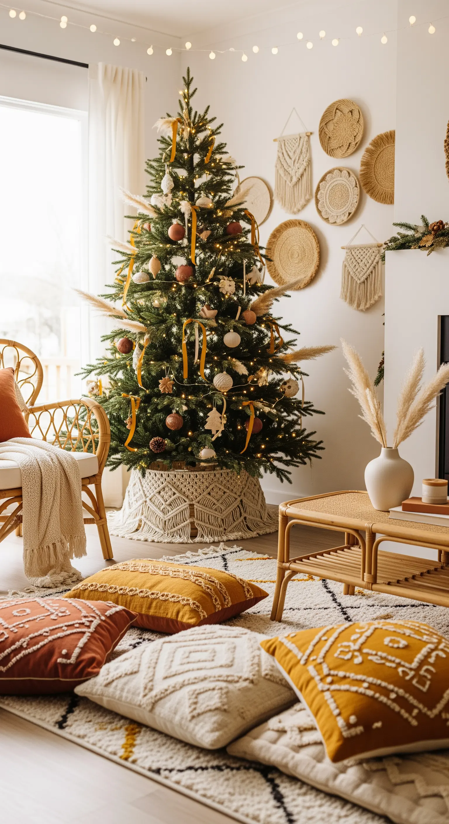 Boho Weihnachtsdeko, Pampasgras, Makramee, Naturtöne, Bodenkissen