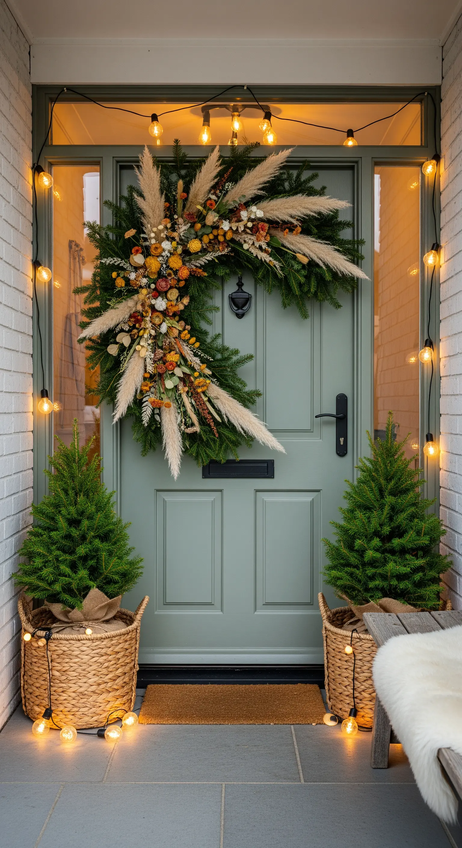 Grüne Tür mit Boho-Kranz aus Pampasgras und Tannengrün, umrahmt von kleinen Bäumen.