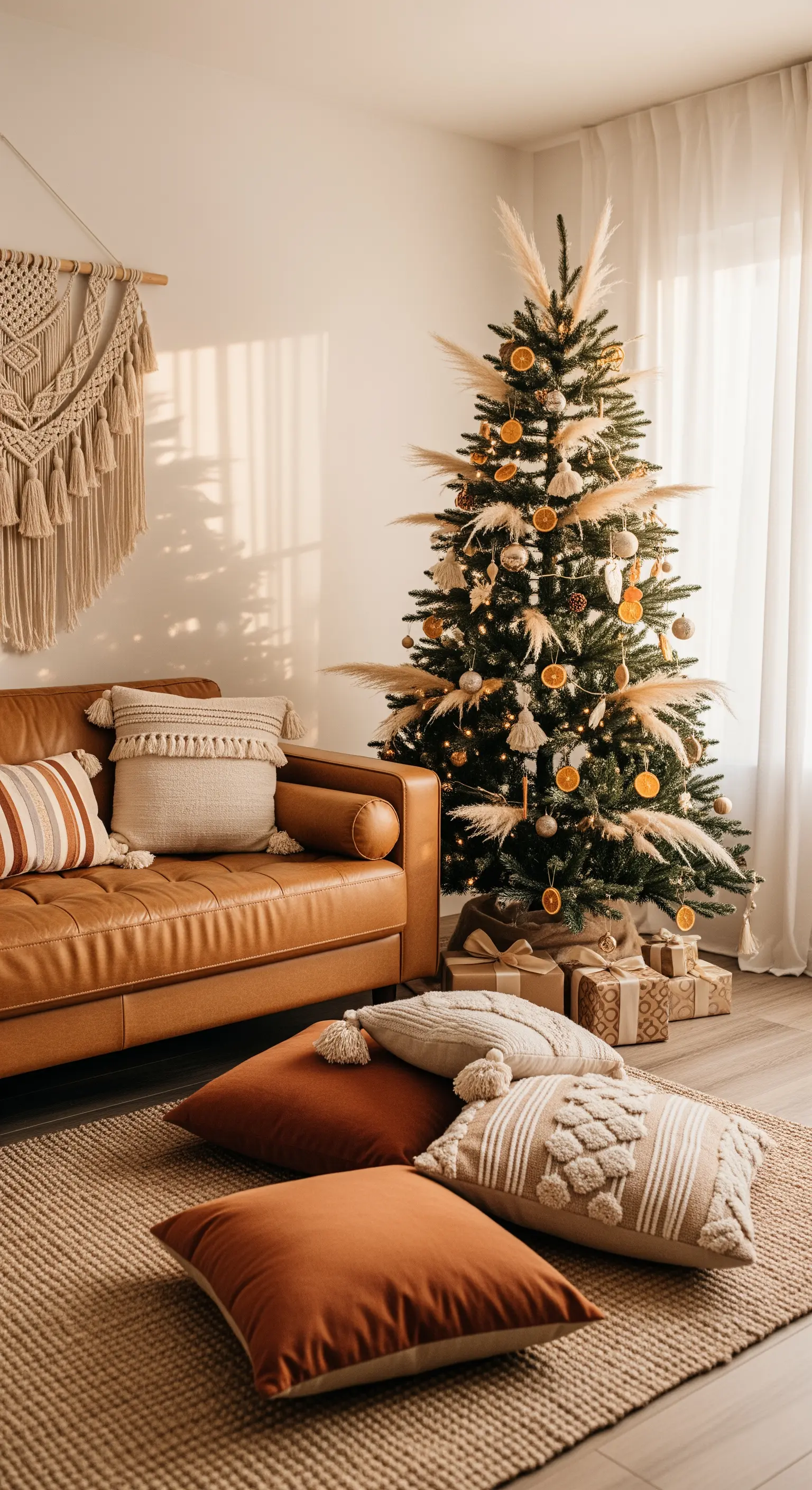 Boho-Wohnzimmer mit Weihnachtsbaum geschmückt mit Pampasgras, Ledersofa und Bodenkissen.
