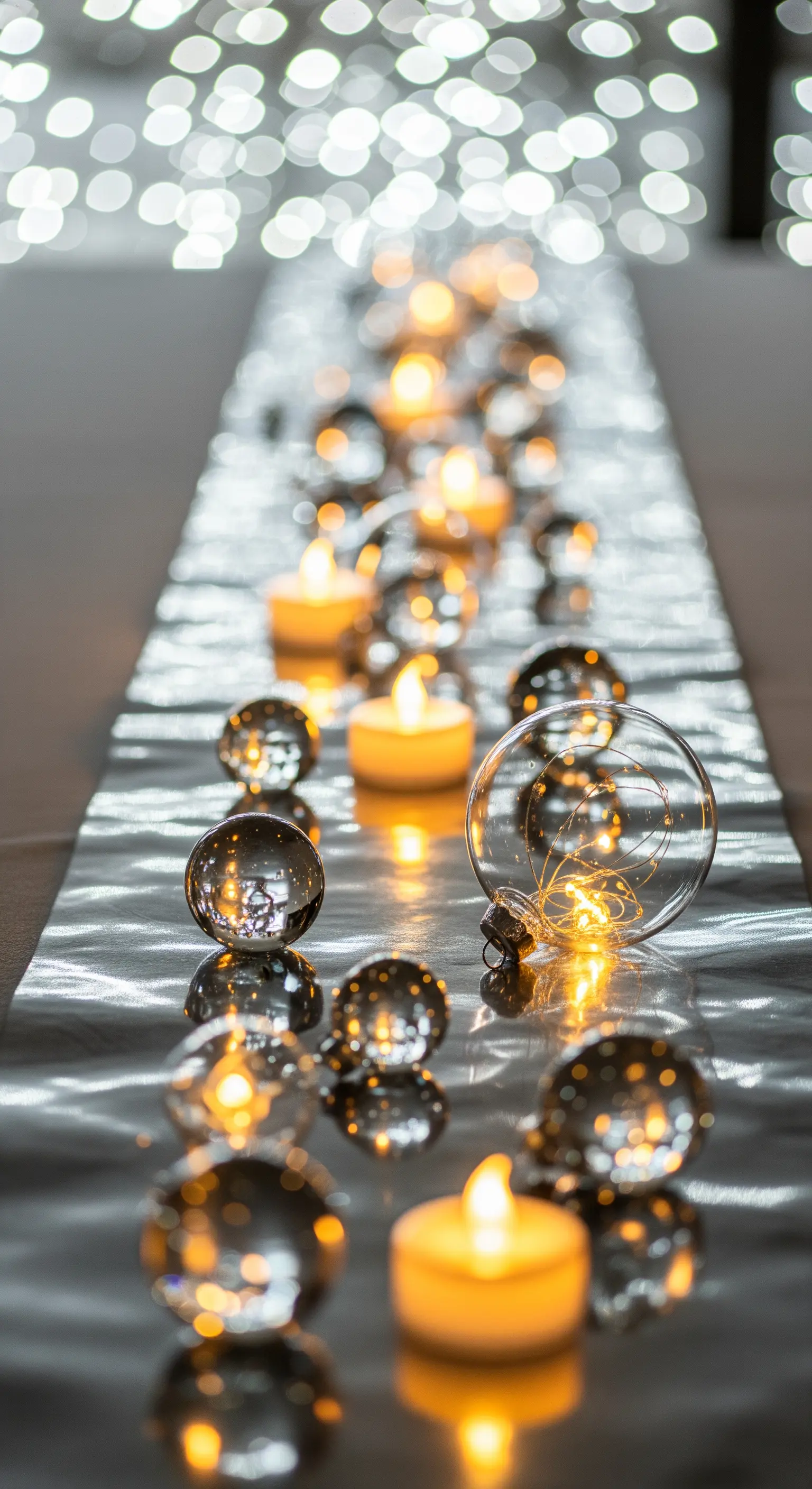Tischdeko mit silbernem Läufer, Teelichtern und Glaskugeln mit Lichterketten, Bokeh-Hintergrund.