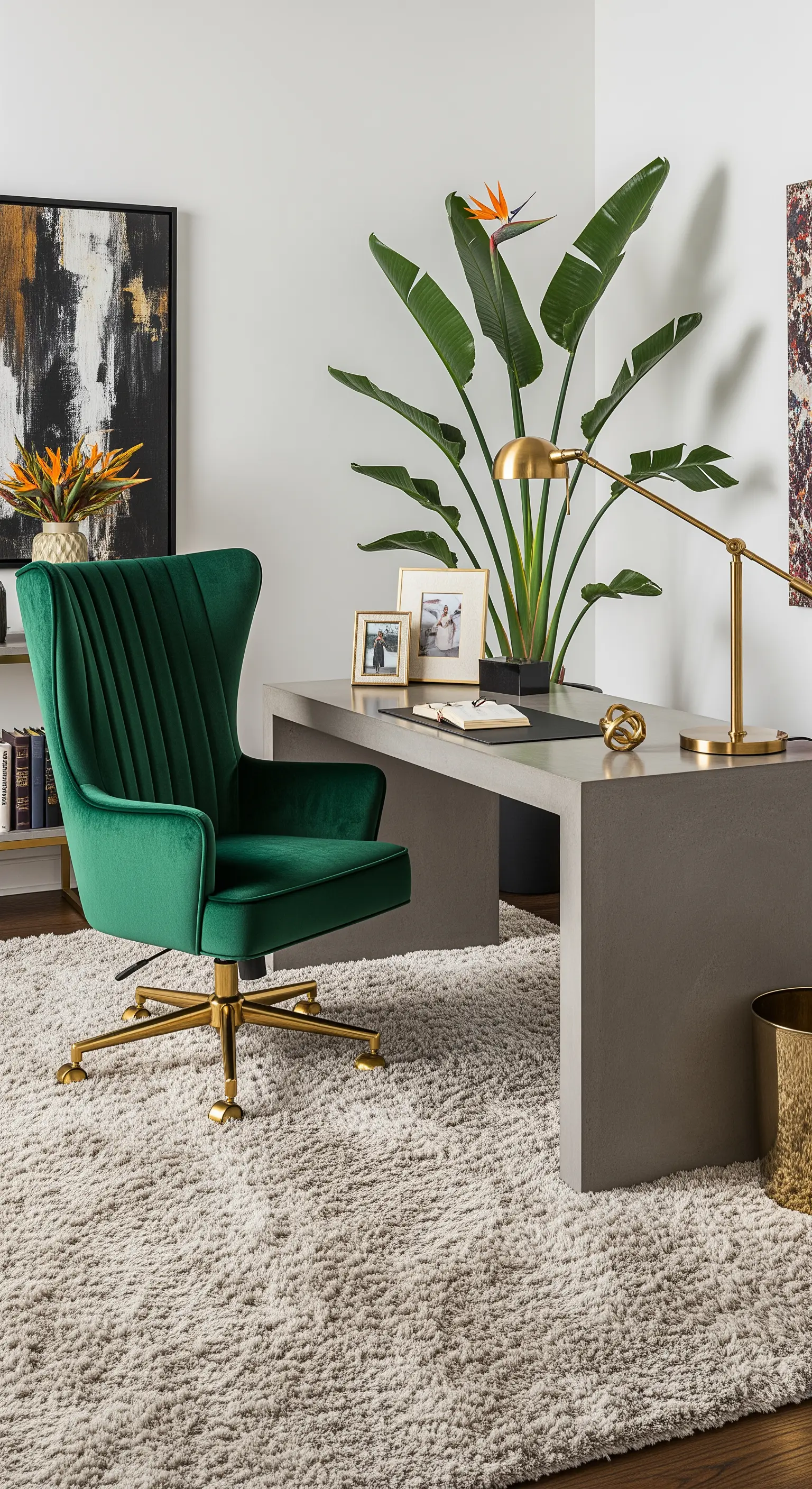 Elegantes Homeoffice mit grünem Samtstuhl, Betontisch und Goldakzenten