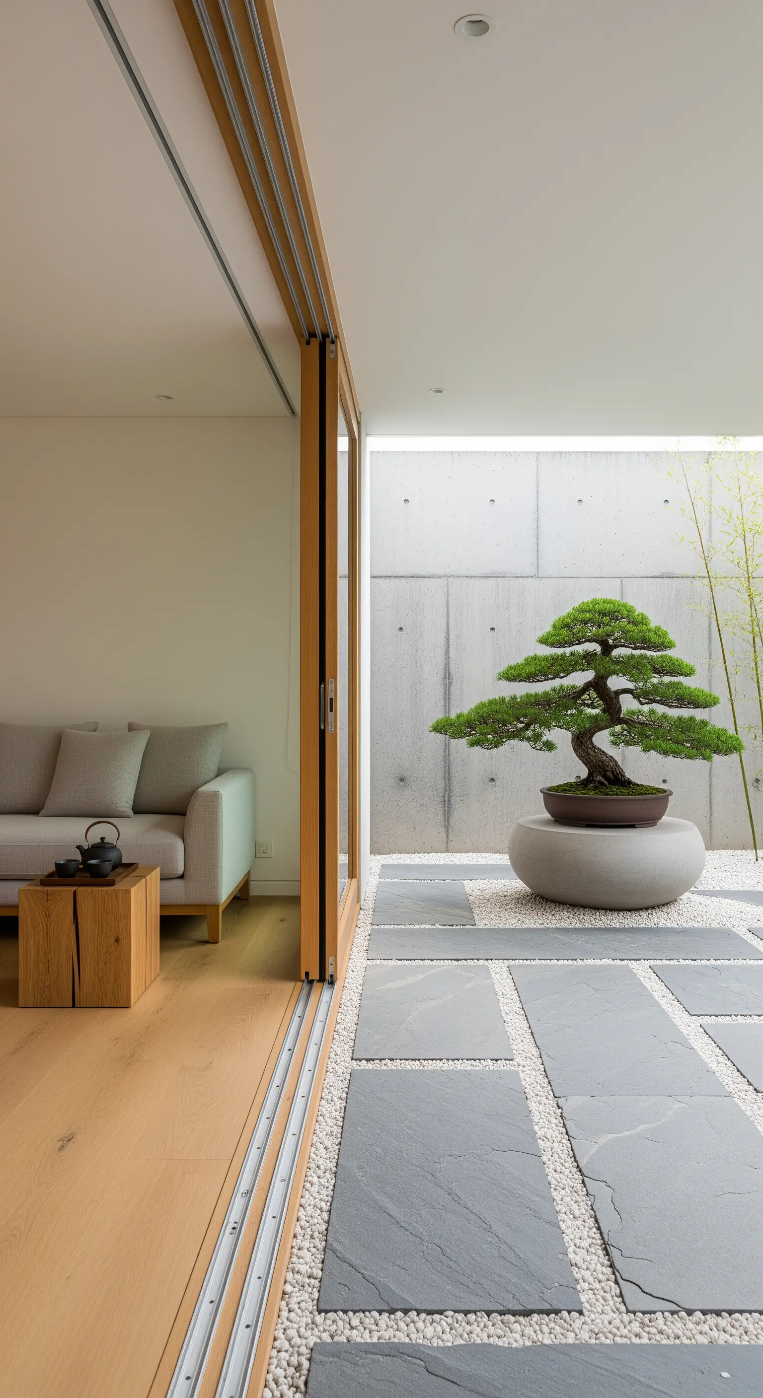 Bonsai in Betonbehälter, Schieferplatten, weißem Kies, Schiebetüren im minimalistischen Hof