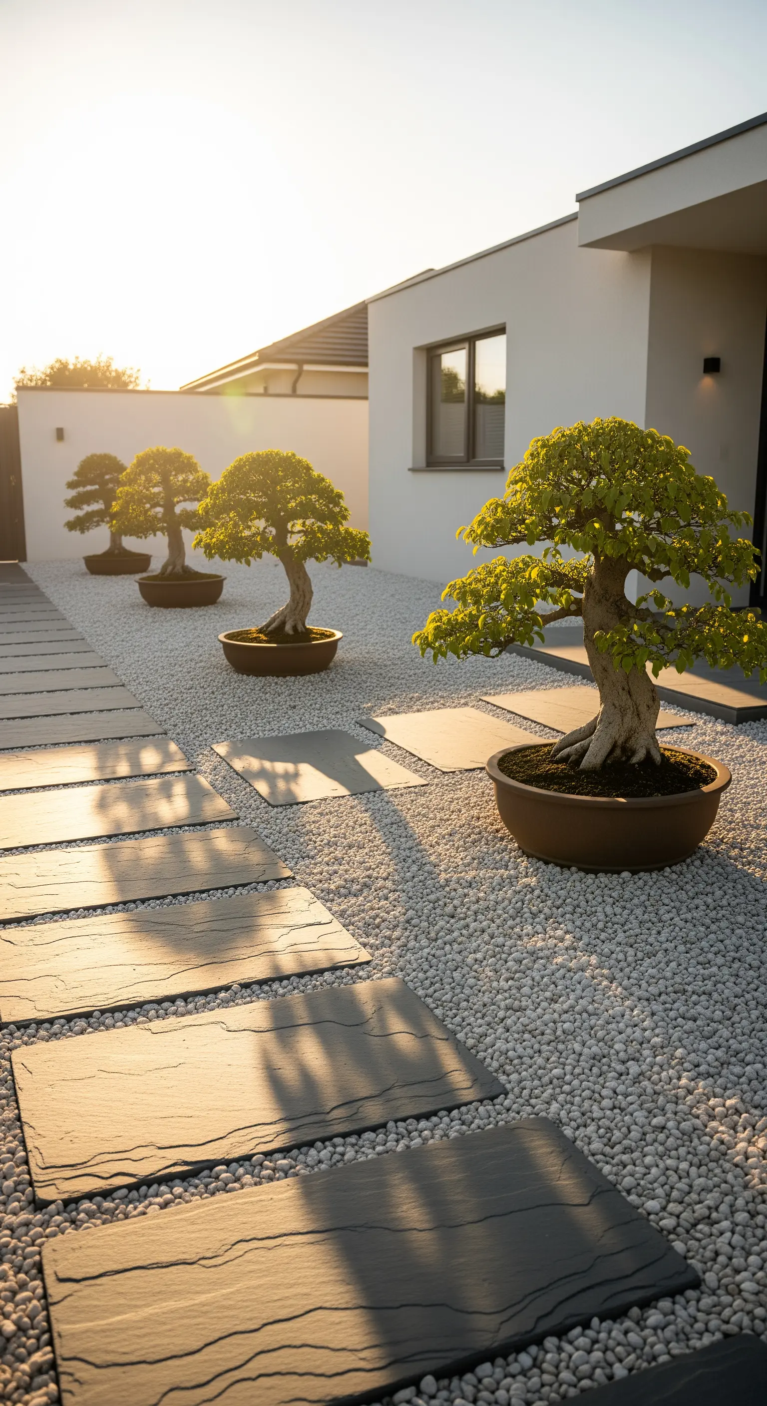 Reihe von Bonsai-Bäumen in Schalen entlang eines Steinplattenpfades auf Kies