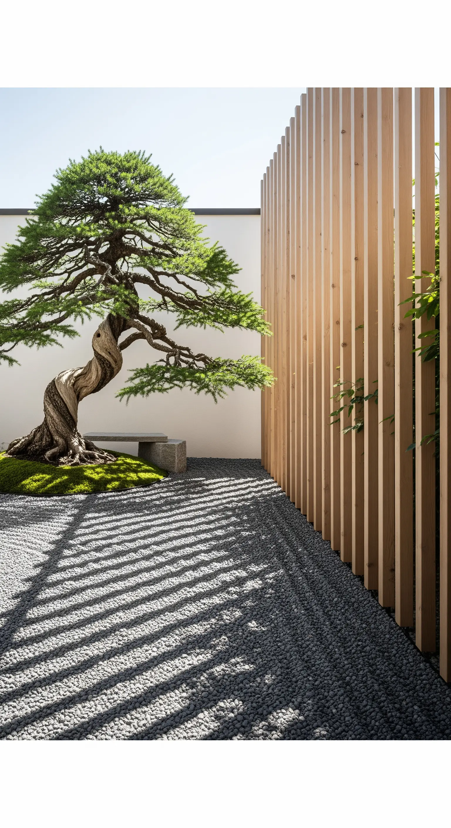 Bonsai wirft lange Schatten auf Kies und weiße Wand, umrahmt von einer Holzwand