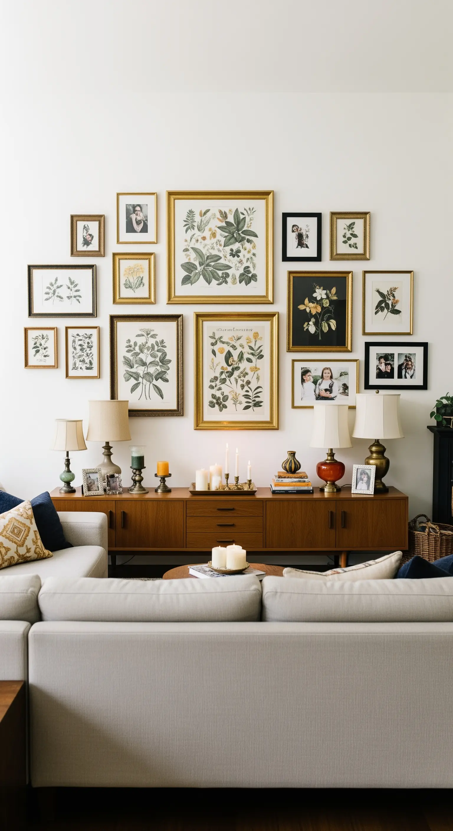 Wand voller botanischer Bilderrahmen über einem Sideboard mit vielen Kerzen