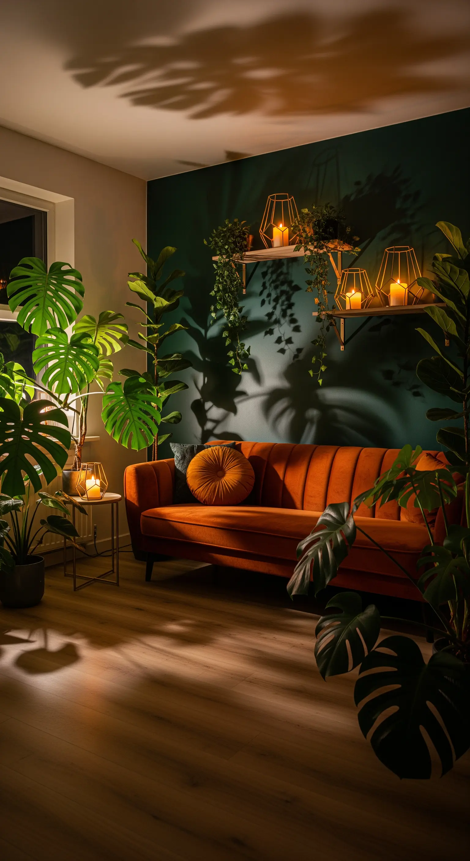 Dunkelgrüne Wand mit Pflanzen, goldenen Kerzenhaltern und orangefarbenem Sofa