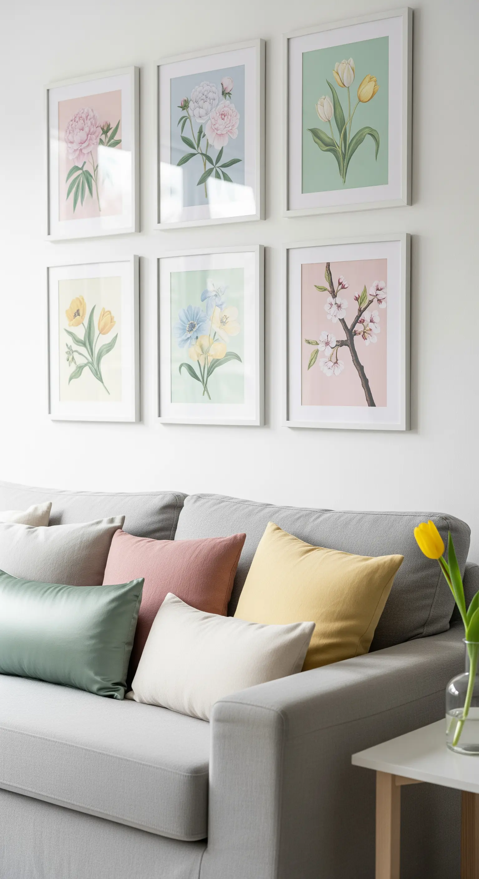 Graues Sofa, Pastellkissen, Bilderwand mit botanischen Blumenmotiven