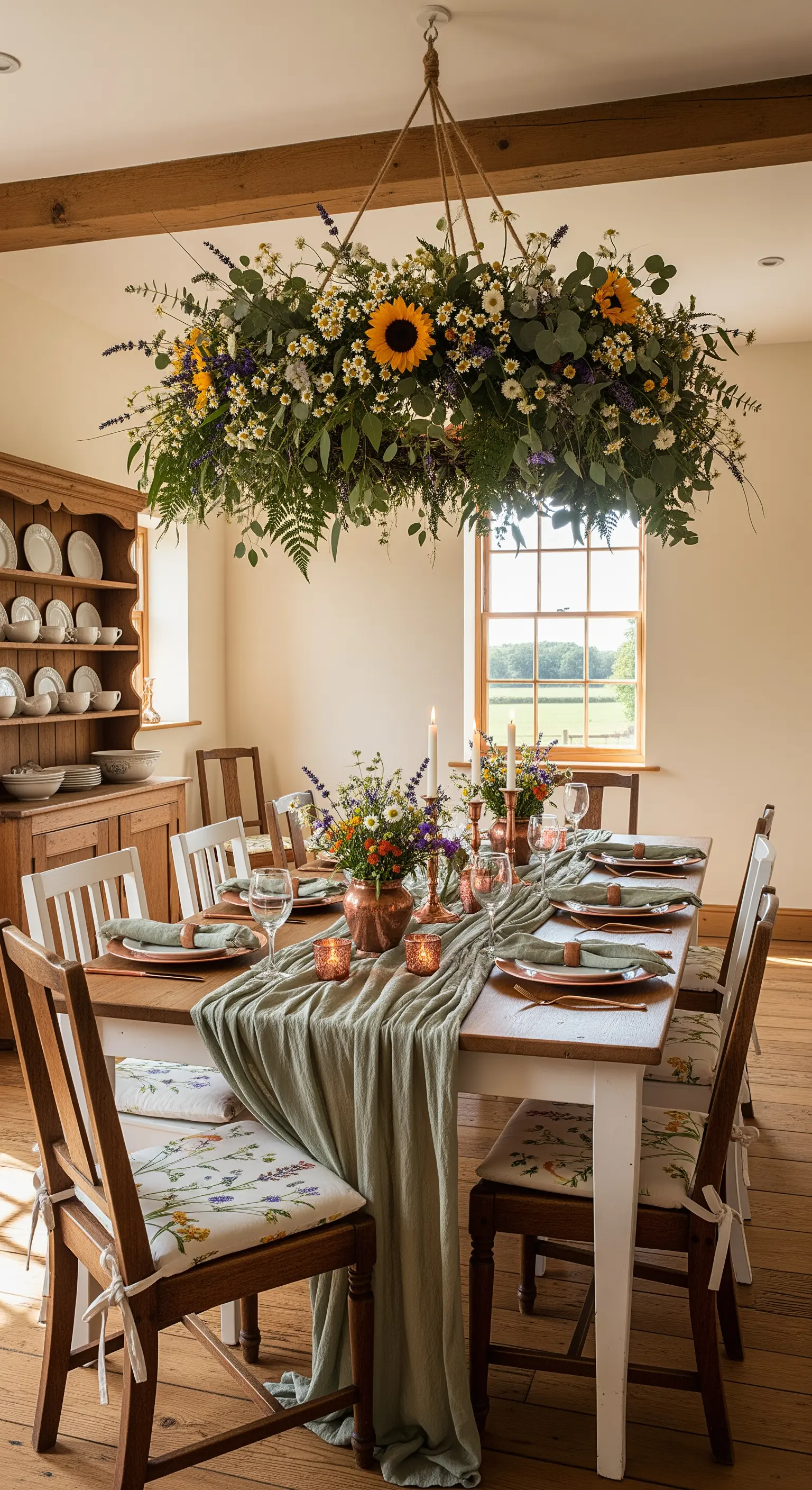 Esszimmer mit hängendem Blumen-Kronleuchter, grünem Tischläufer und Kerzen.