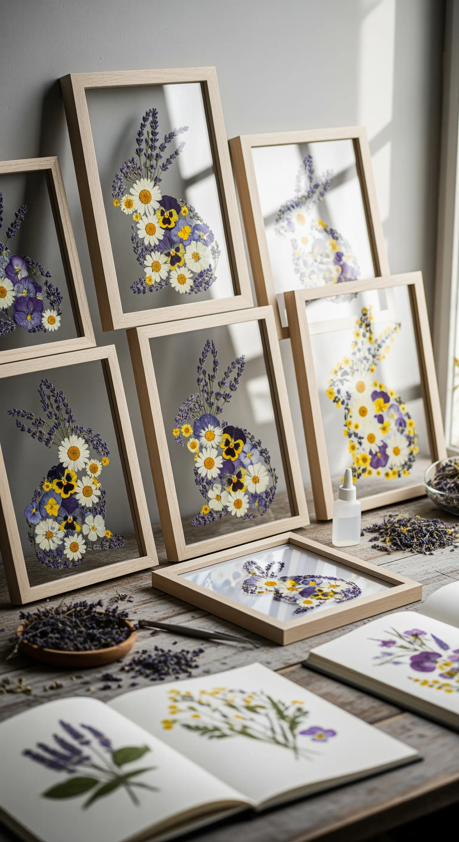 Bilderrahmen mit Hasenmotiven aus gepressten Blumen auf einem Tisch