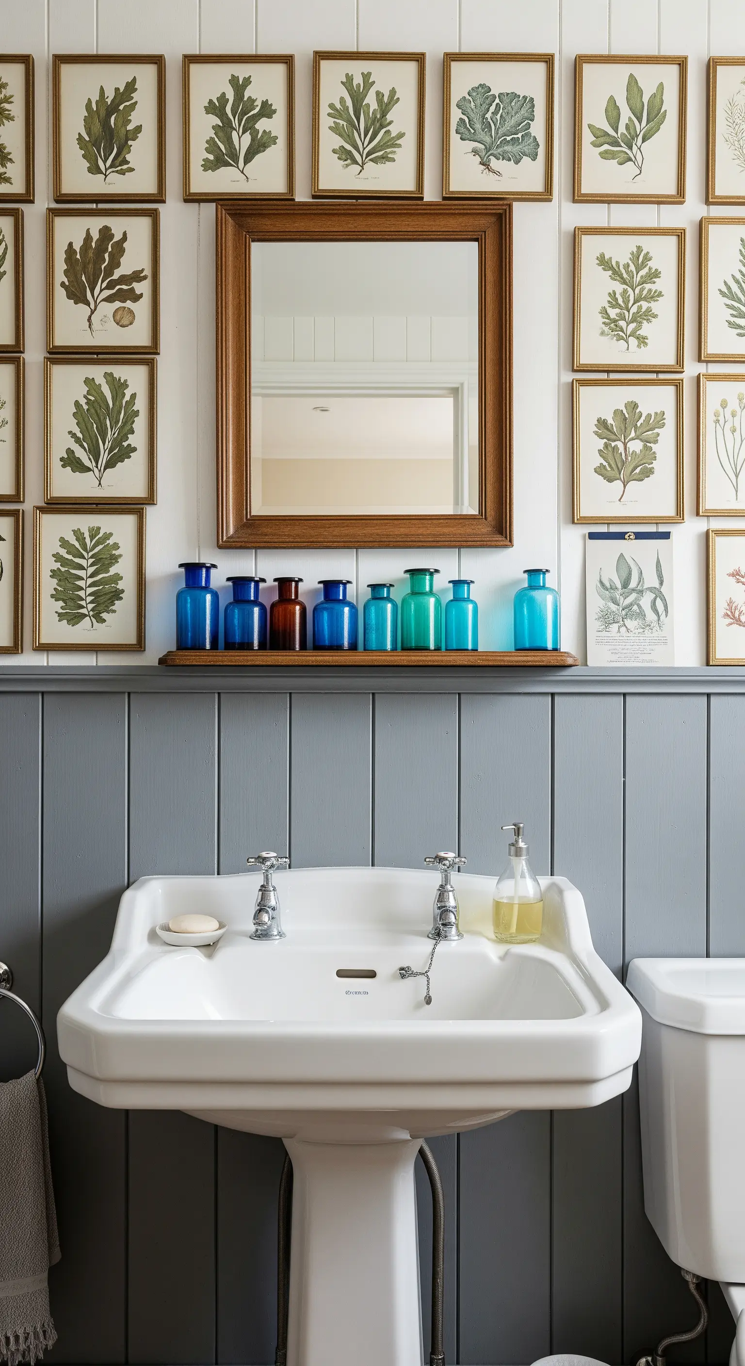 Galeriewand mit Seepflanzen-Drucken, blauen Glasflaschen und grauem Waschtisch.
