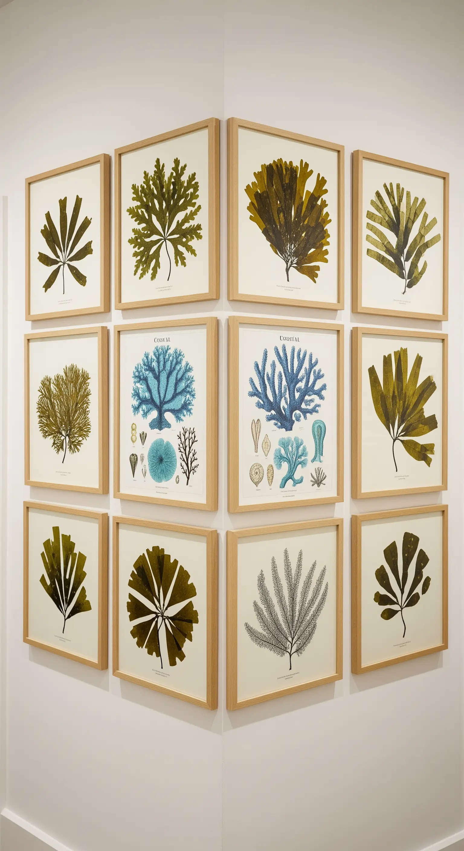 Wandgalerie mit gerahmten botanischen Drucken von Meerespflanzen in hellem Holzrahmen