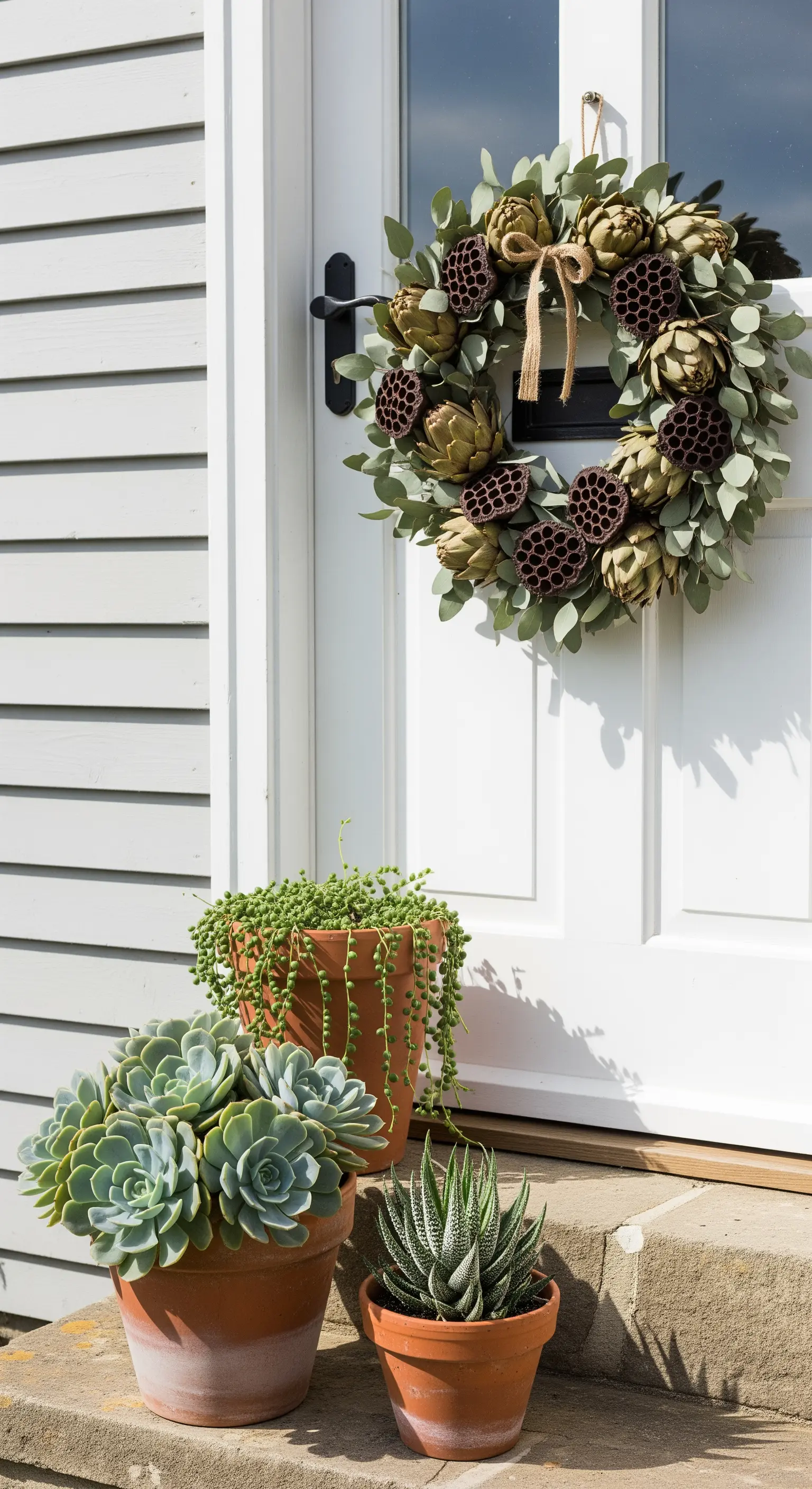 Artischocken- und Lotus-Kranz an weißer Tür, Sukkulenten in Terrakottatöpfen