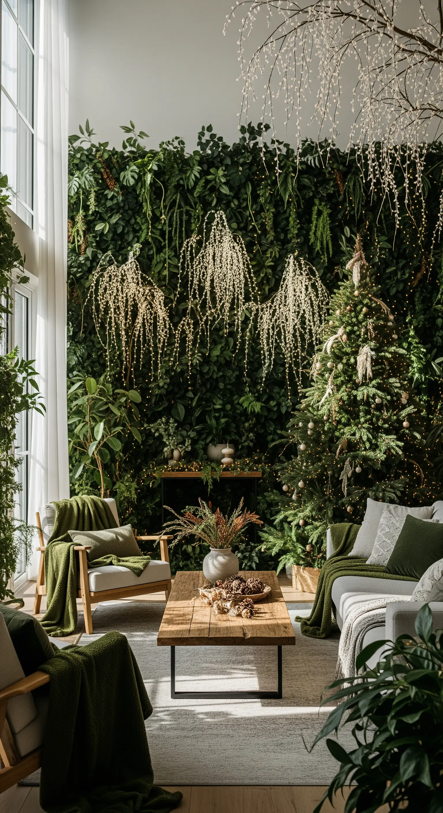 Botanische Weihnachtsdeko, Pflanzenwand, Naturbaum, Holzmöbel