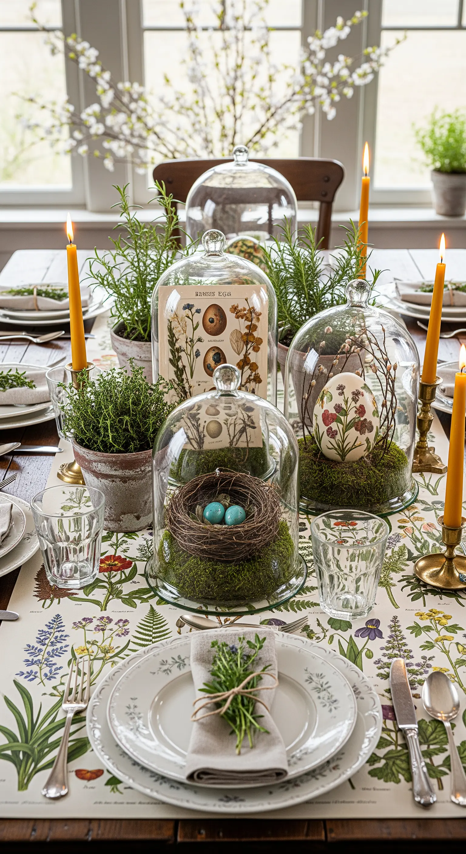 Botanische Ostertafel mit Glasglocken, Kräutern und floralem Tischläufer