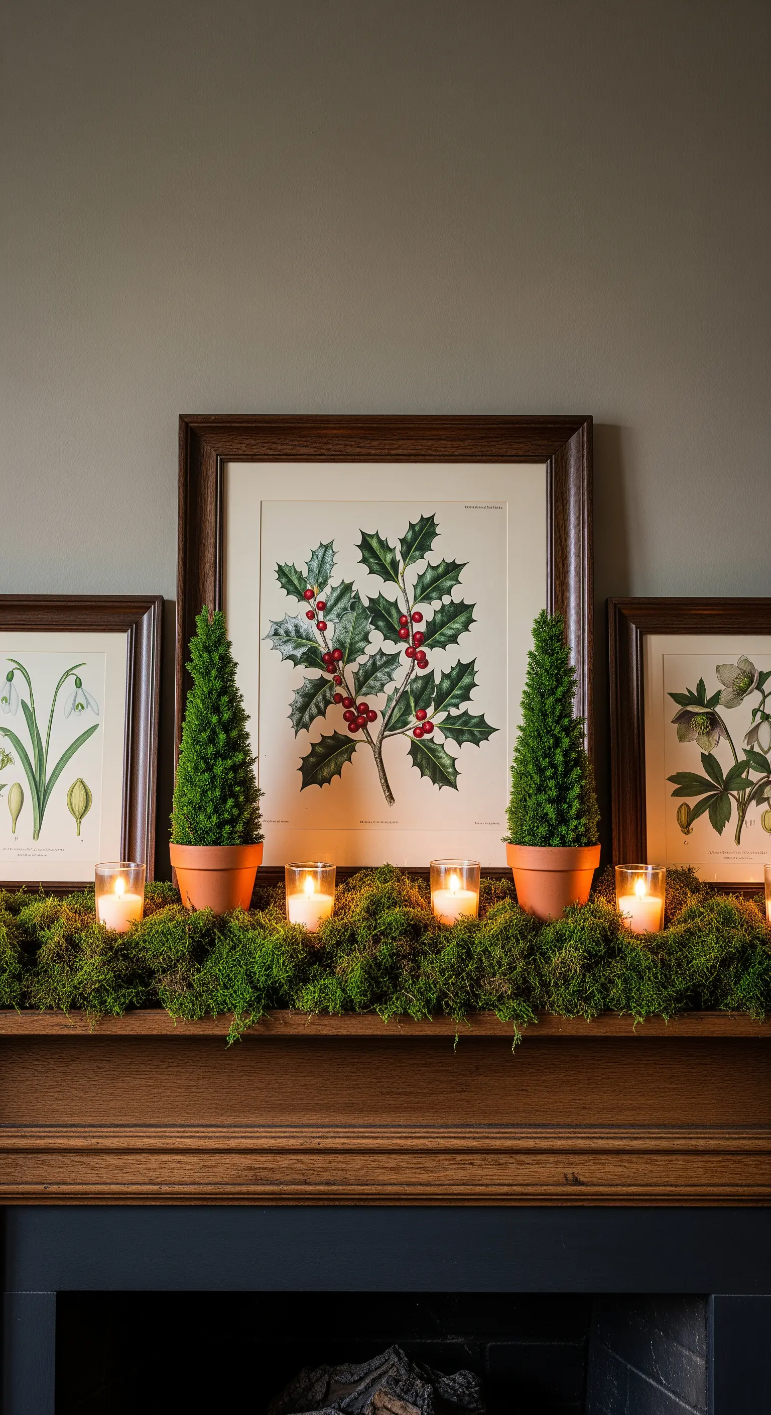 Botanische Drucke, Topiari und Kerzen auf Moos am Kamin