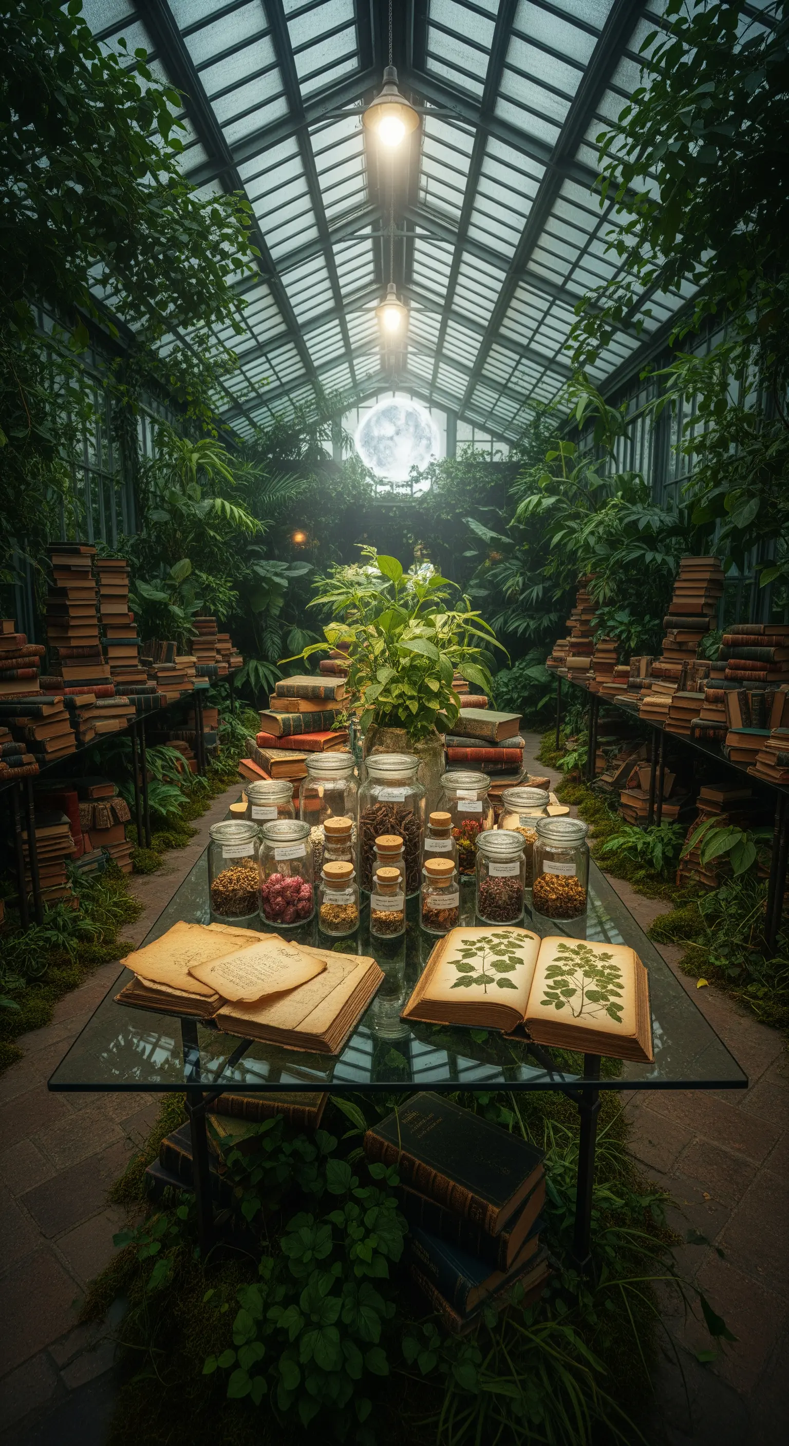 Gewächshaus, Botanik, Bücher, getrocknete Kräuter, Moos, Mond, Mystik.