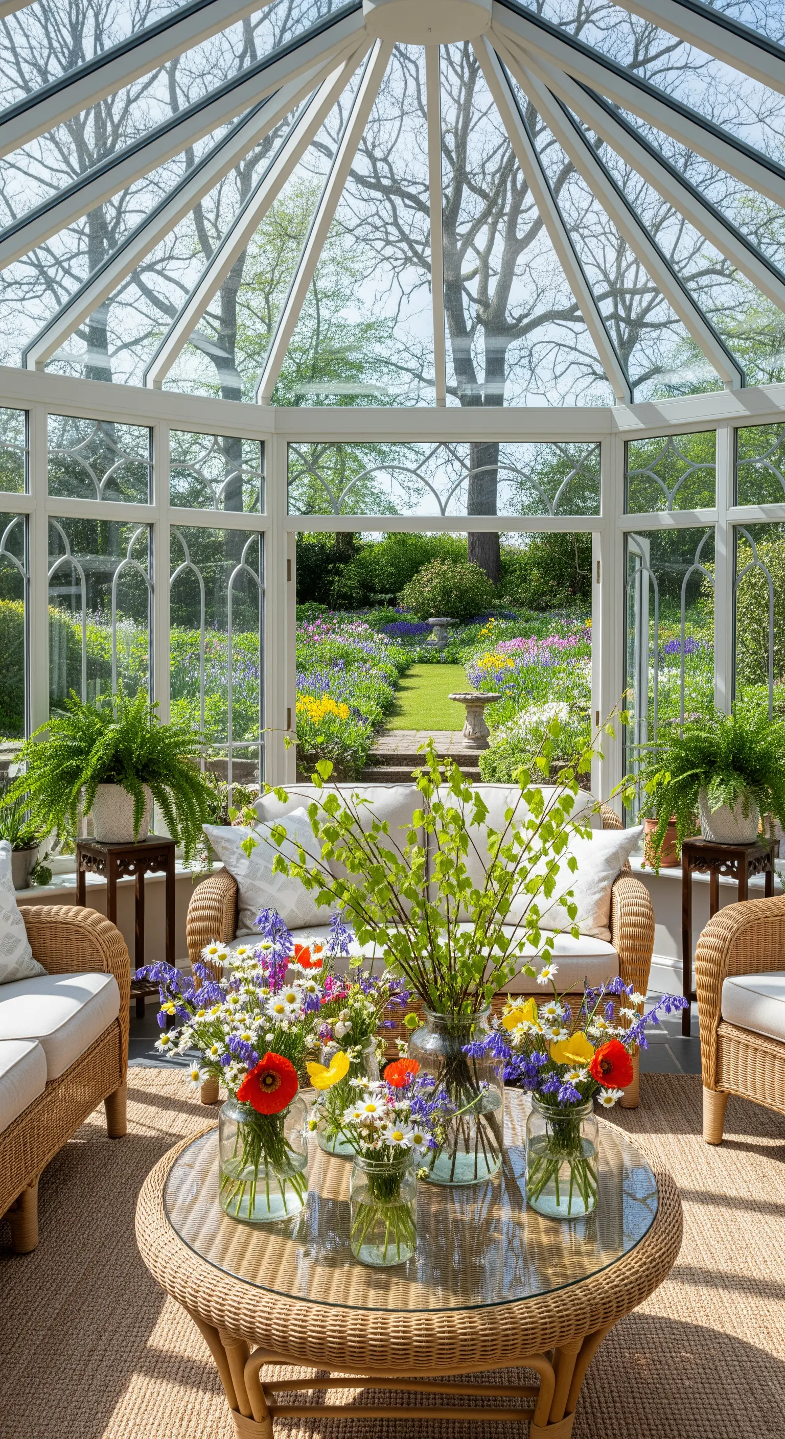 Wintergarten-Couchtisch mit vielen kleinen Vasen voller Frühlingsblumen