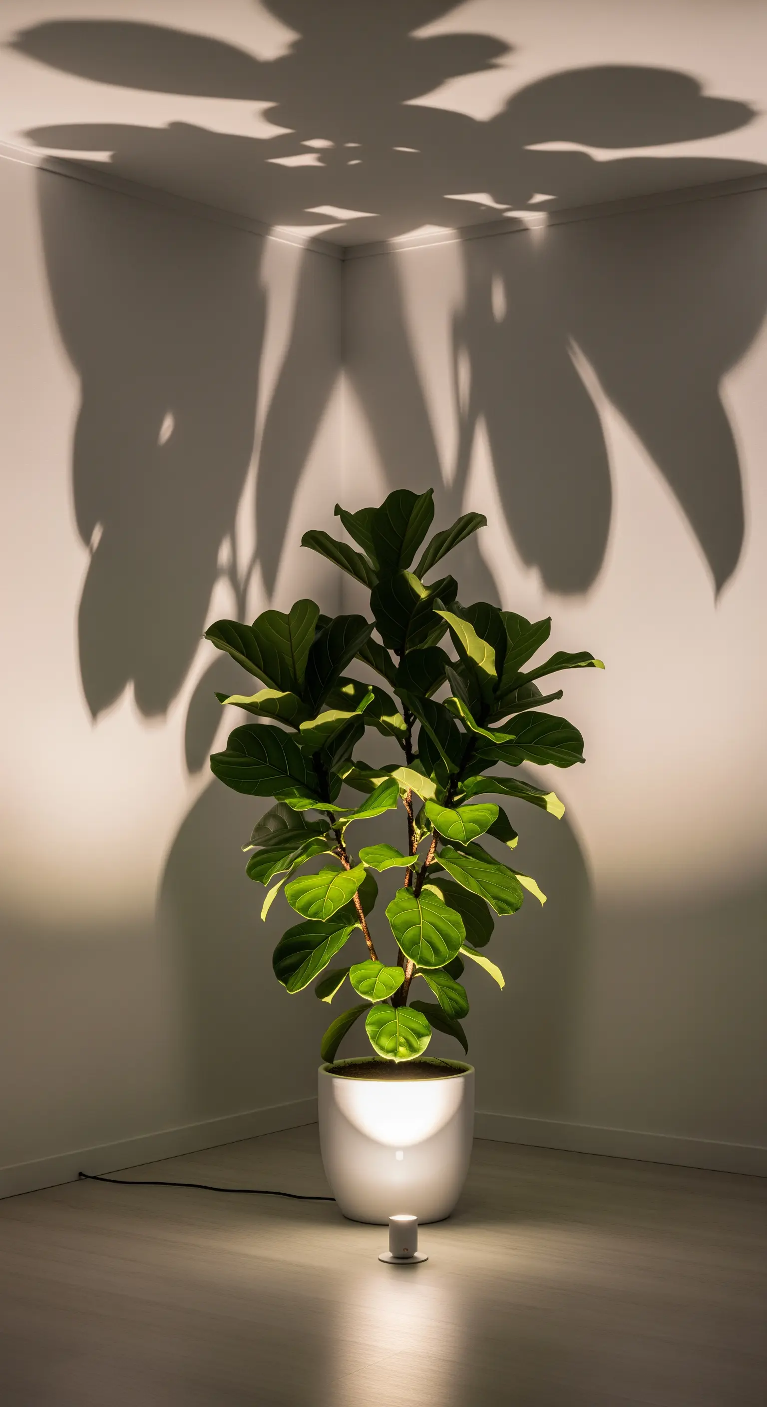Bodenspot, der eine große Feigenbaum-Pflanze von unten anstrahlt und Schatten wirft.