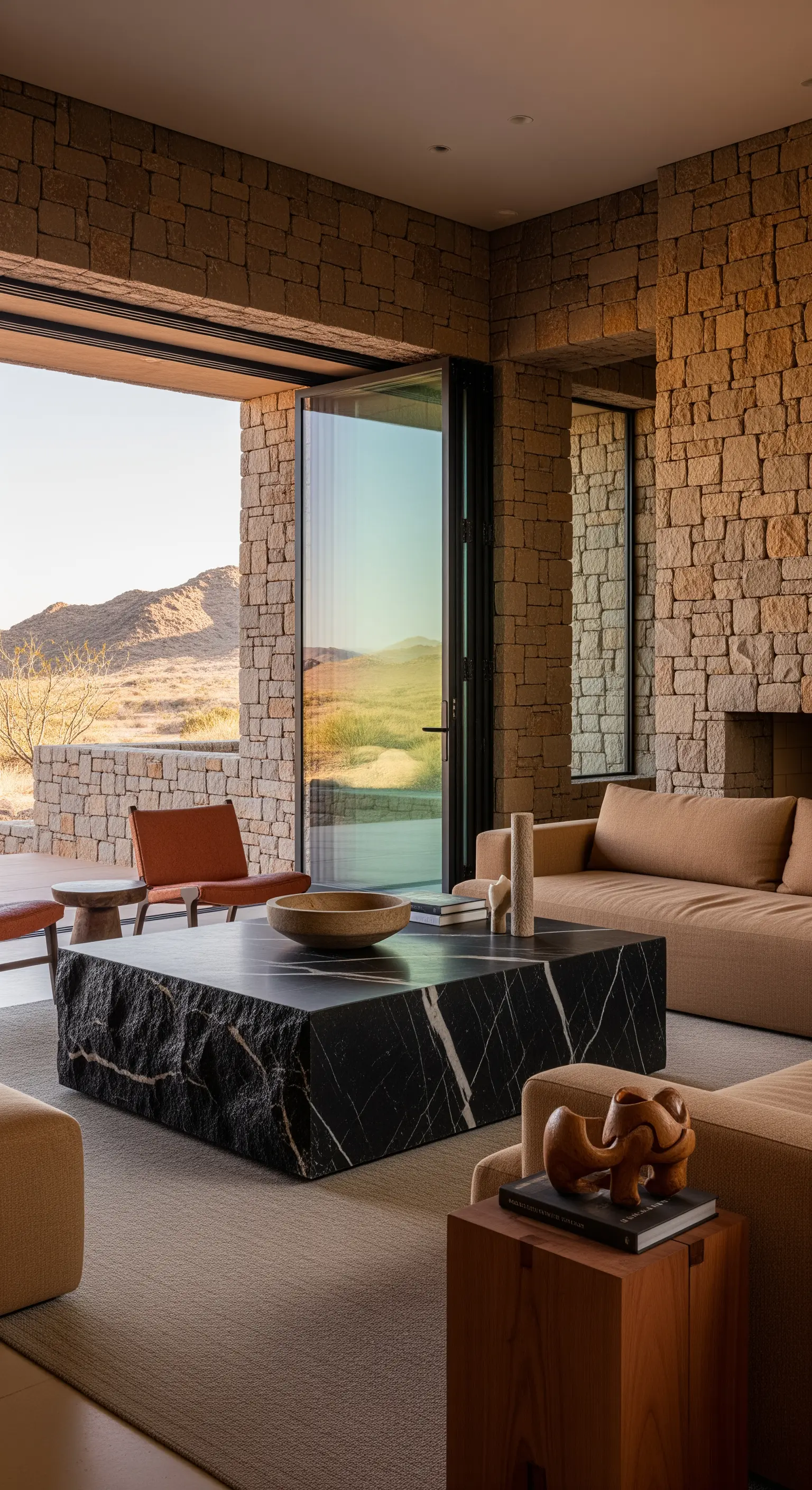 Massiver schwarzer Marmortisch mit rauer Kante in einem Haus mit Natursteinwänden.