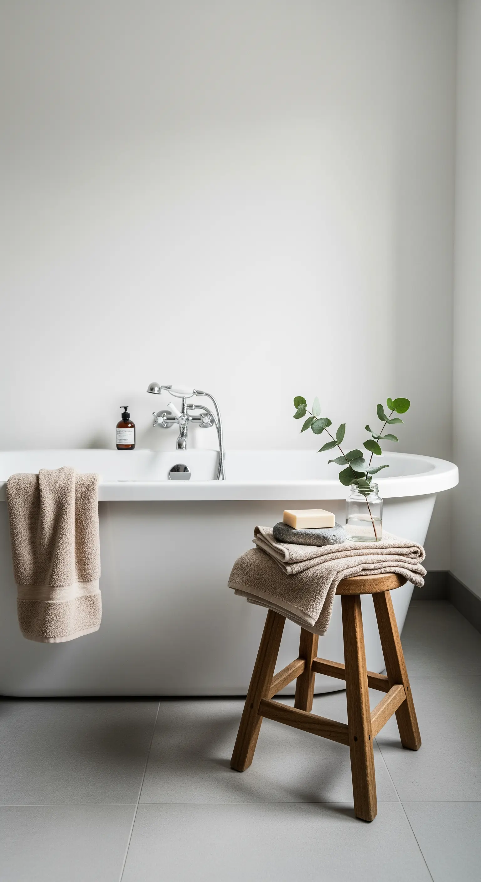 Freistehende Badewanne mit einem Holzhocker daneben, auf dem Handtücher und ein Glas Eukalyptus liegen.