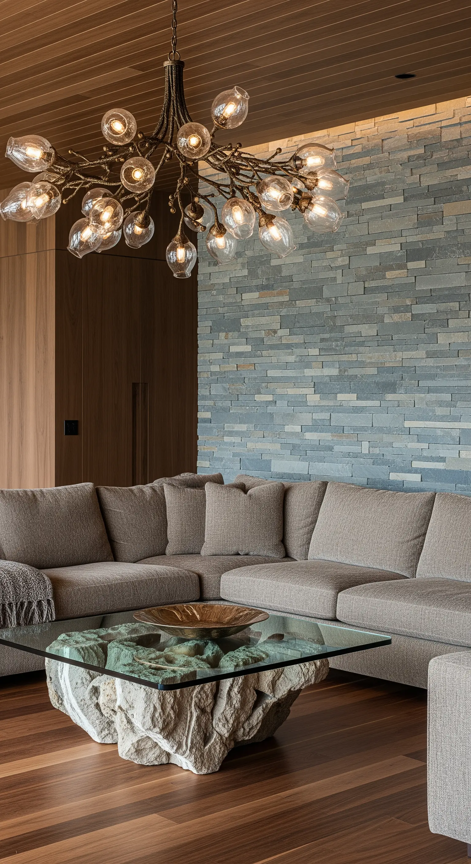 Astförmige Hängeleuchte über einem Steintisch in einem Wohnzimmer mit rustikaler Steinwand.