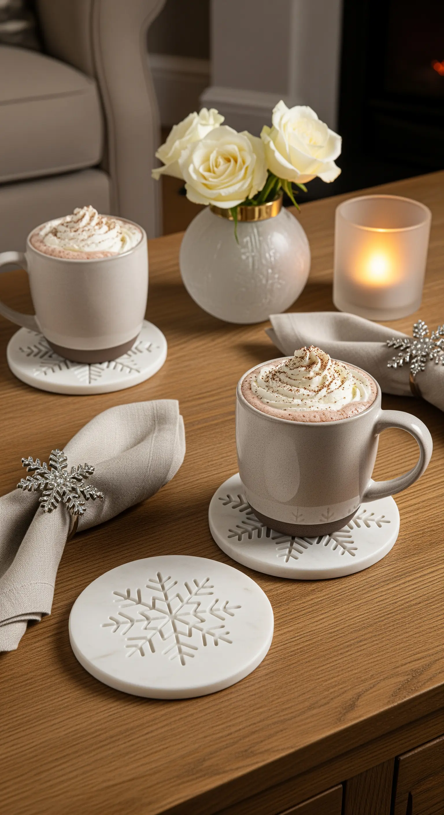 Gedeckter Tisch mit Schneeflocken-Untersetzern aus Marmor und heißer Schokolade