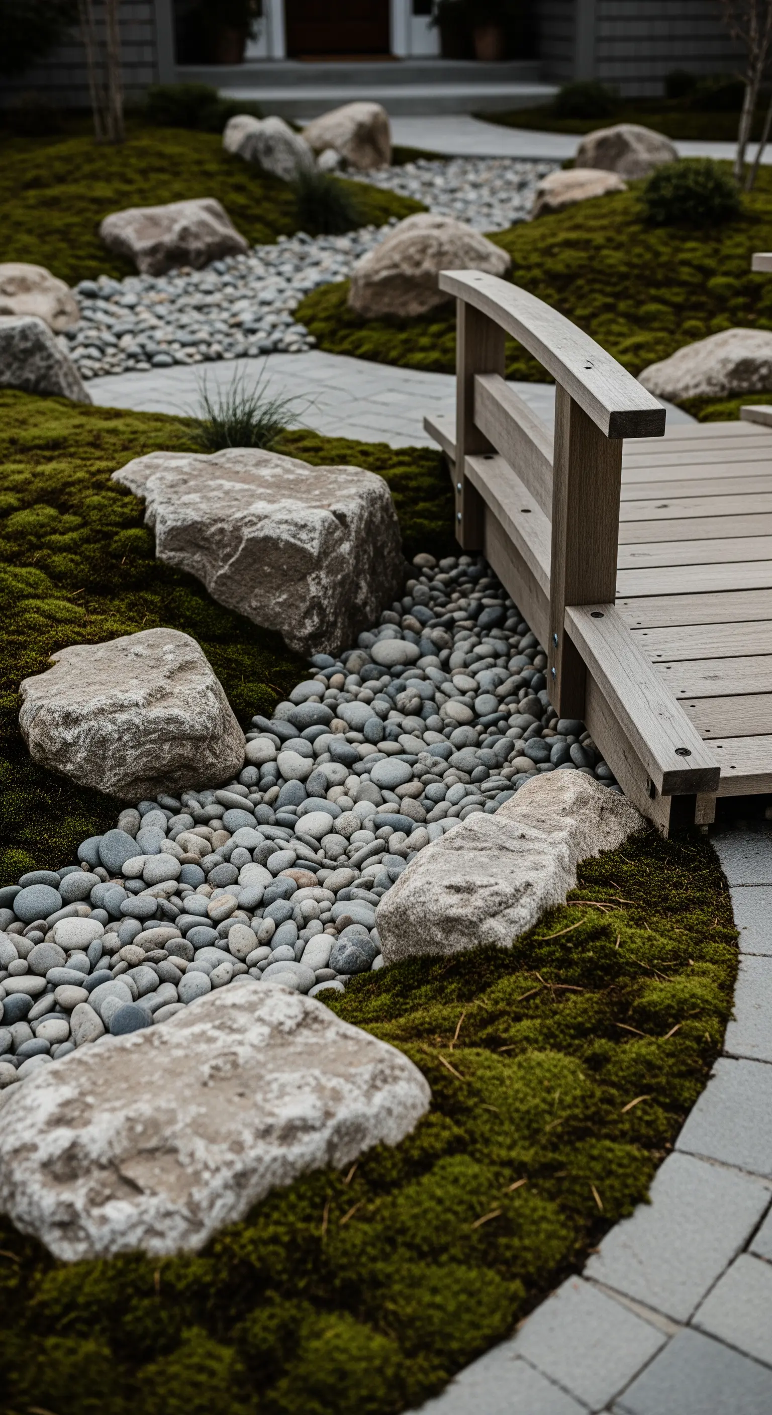 Hölzerne Brücke über trockenem Flussbett aus Kieselsteinen und Moos
